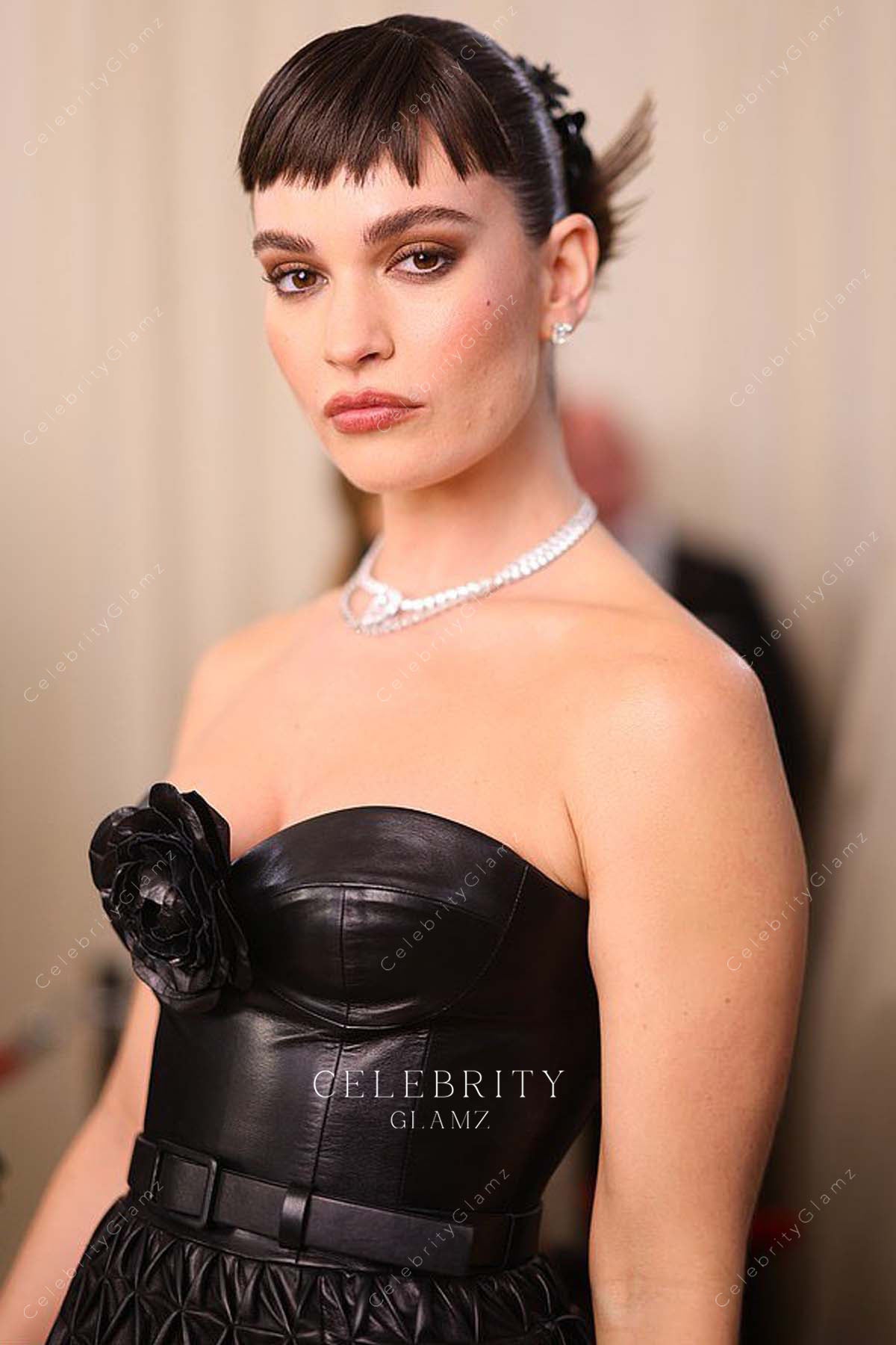 2023 met gala Lily James black sweetheart neck dress