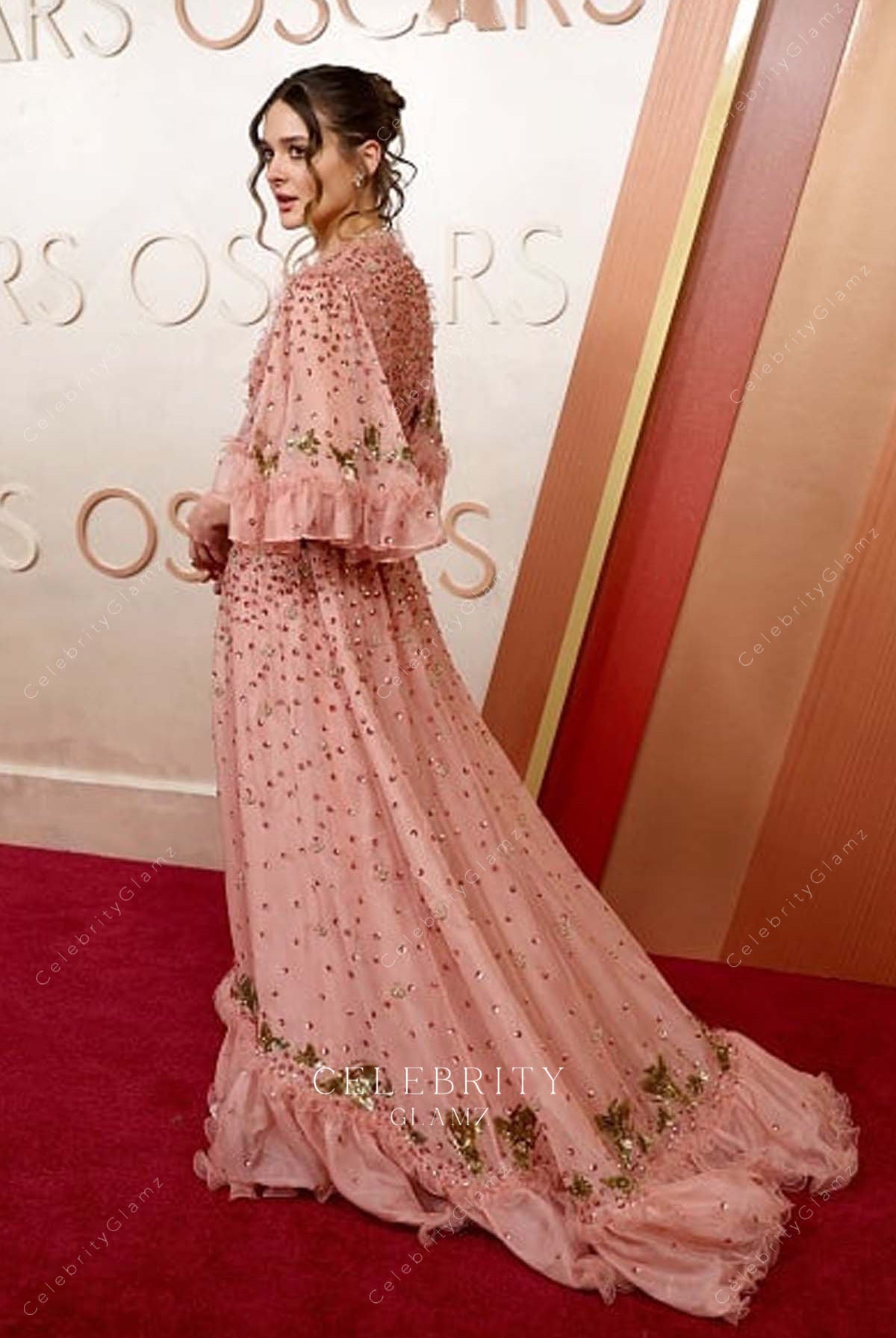 2025 Oscars red carpet Charlotte Lawrence court train prom dress