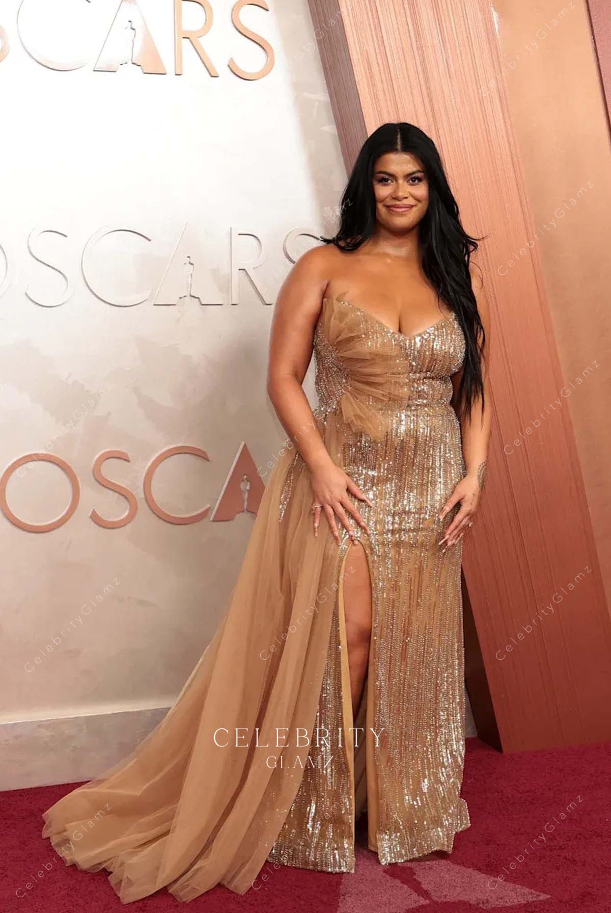 2025 Oscars red carpet Drew Afualo thigh split dress