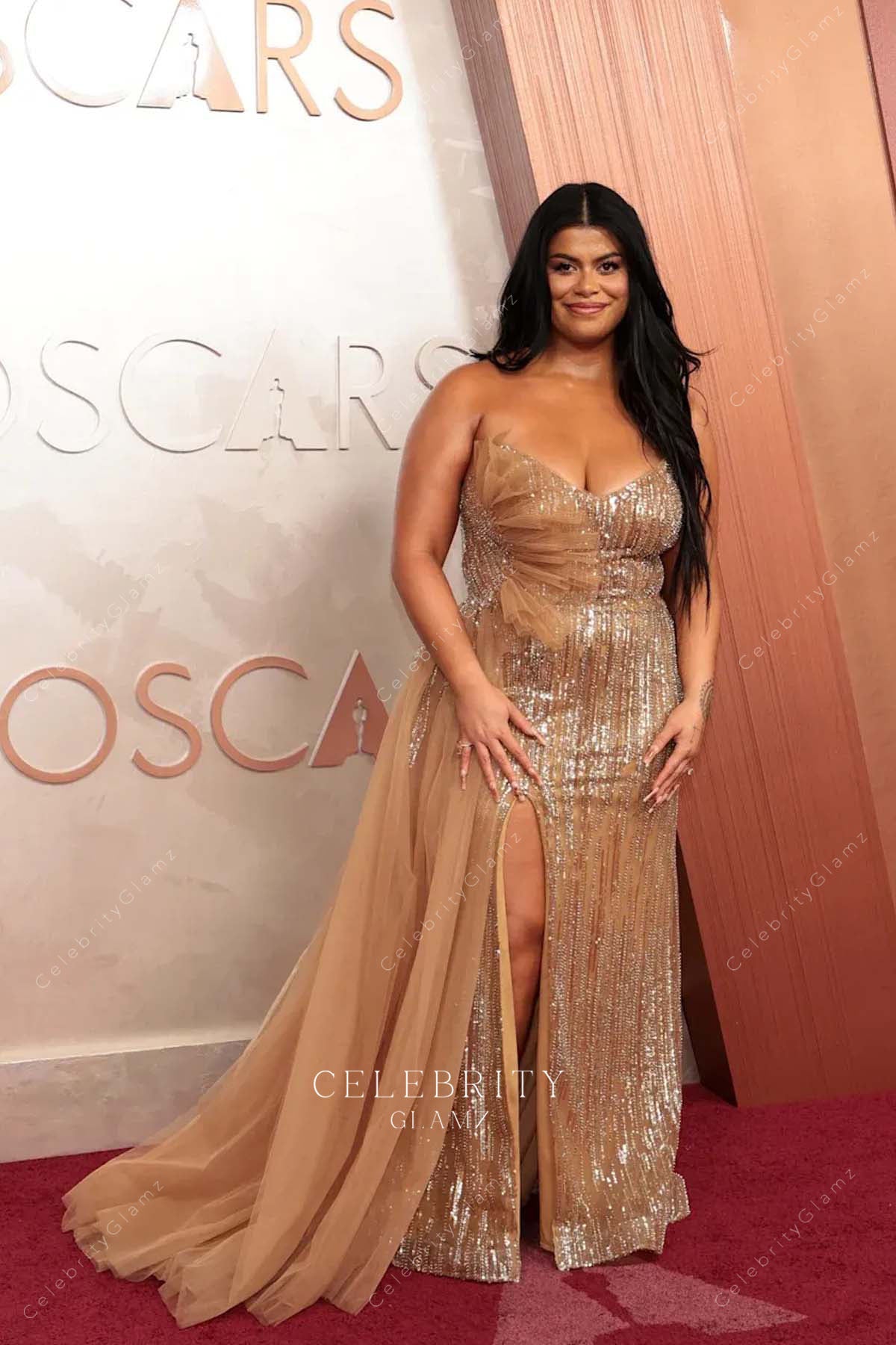 2025 Oscars red carpet Drew Afualo thigh split dress