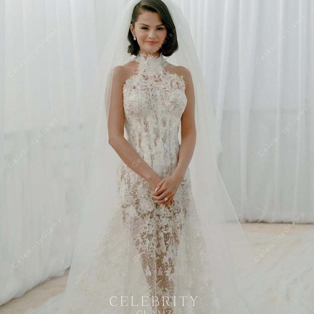 selena gomez long white dress 2025 Lace Halter Fit & Flare Wedding – Celebrity Glamz Color:Cream Lilac Floral 2000s Runway Documented Chanel line silhouette girls western dress