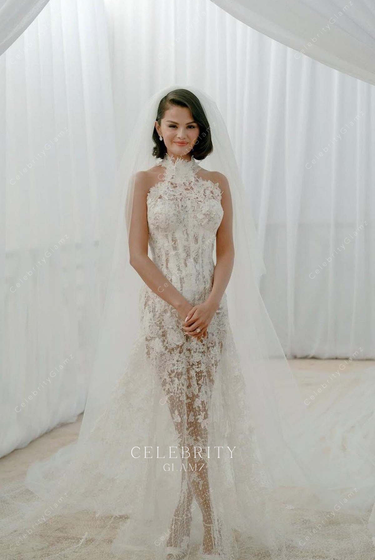 2025 Selena Gomez illusion lace bridal dress