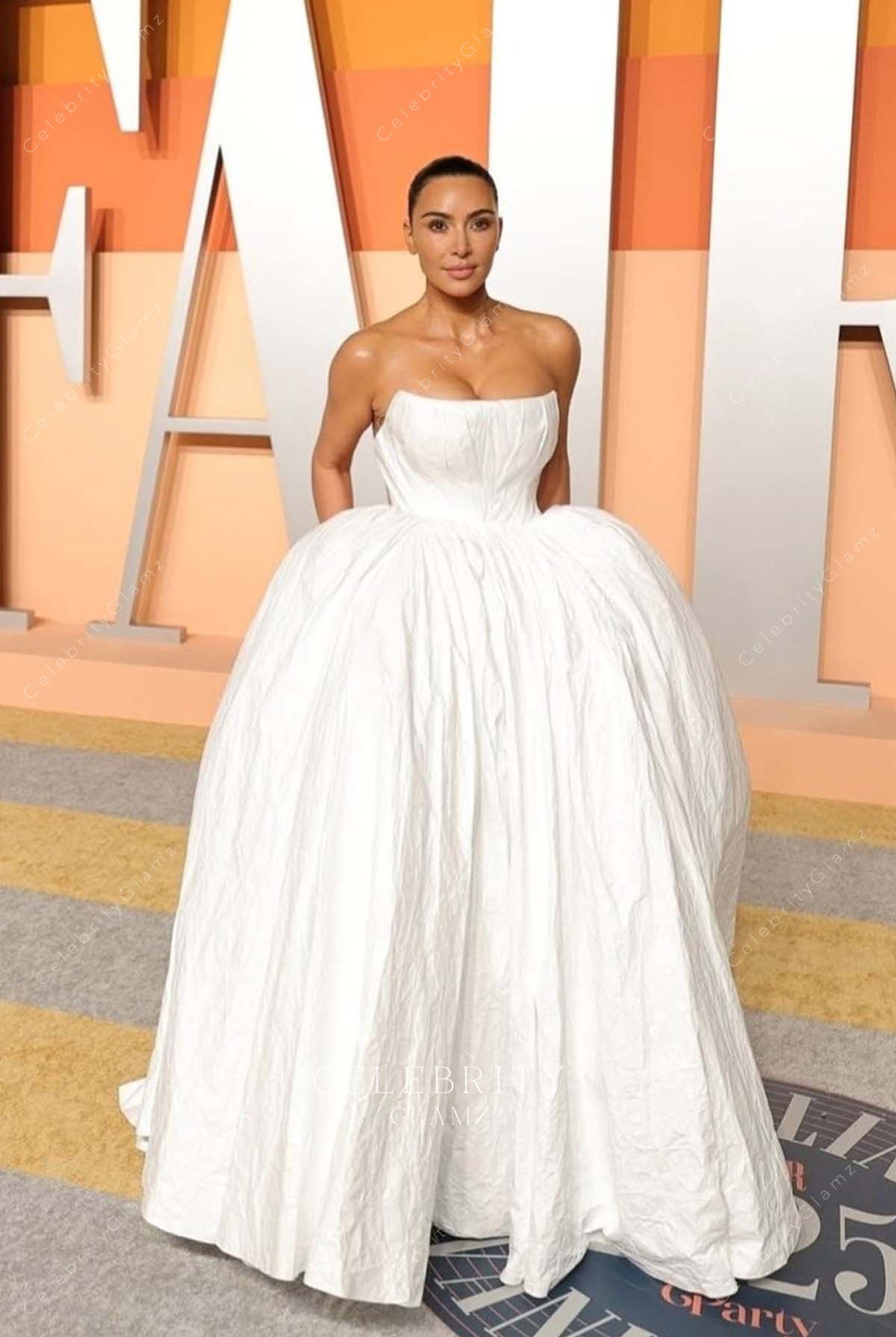 2025 Vanity fair party Kim Kardashian white strapless ballgown