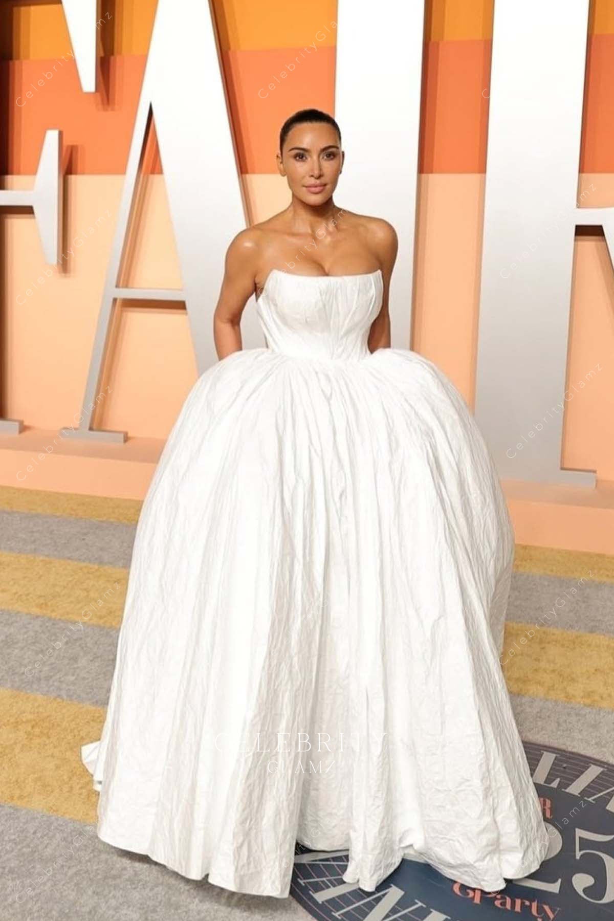 2025 Vanity fair party Kim Kardashian white strapless ballgown