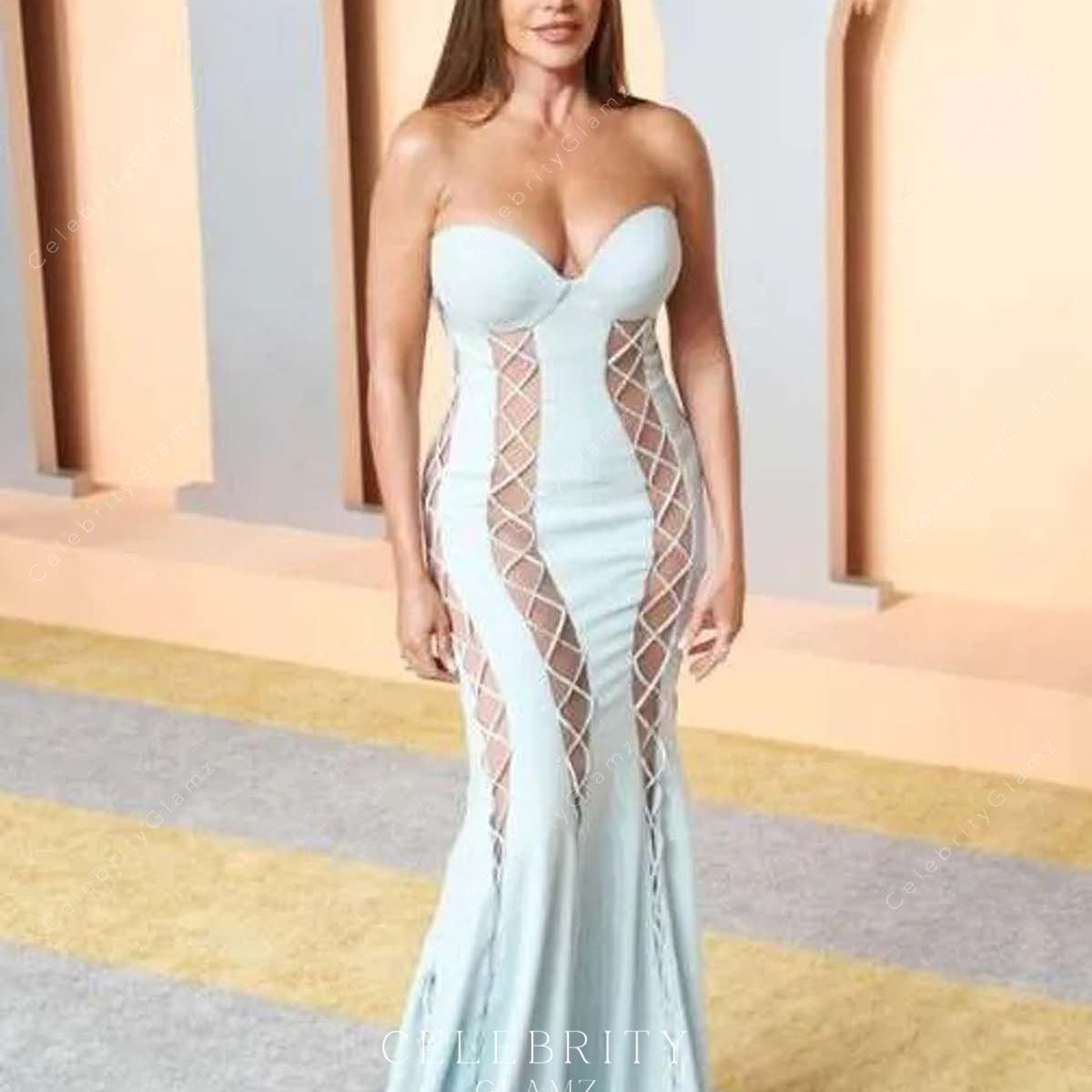 sofia vergara mermaid dress Sofía Mint Strapless 2025 Vanity Fair party Prom – Celebrity Glamz inv-40 sweep train mermaid skirt. Hailey Bieber Gave Summer's Size:M 10 / W 12