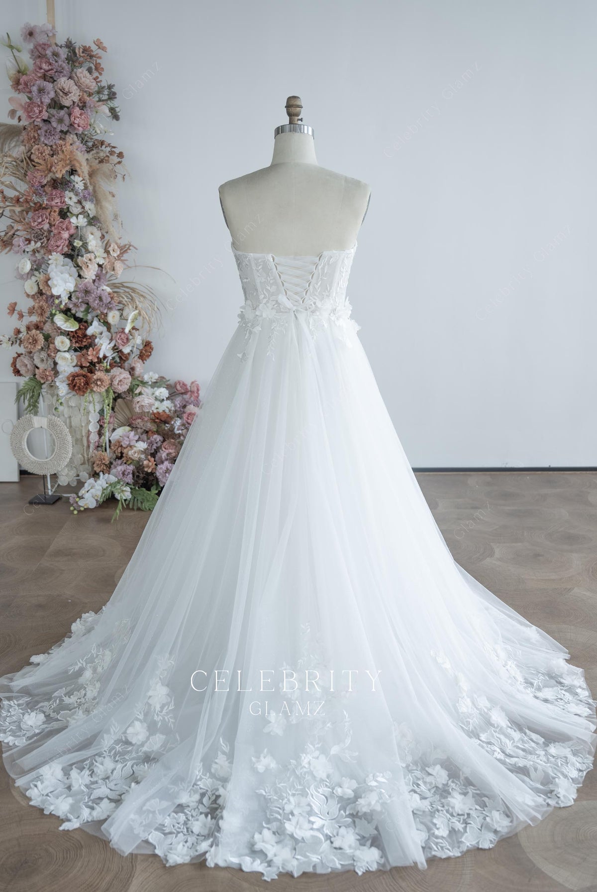 3D flower lace court train wedding dress