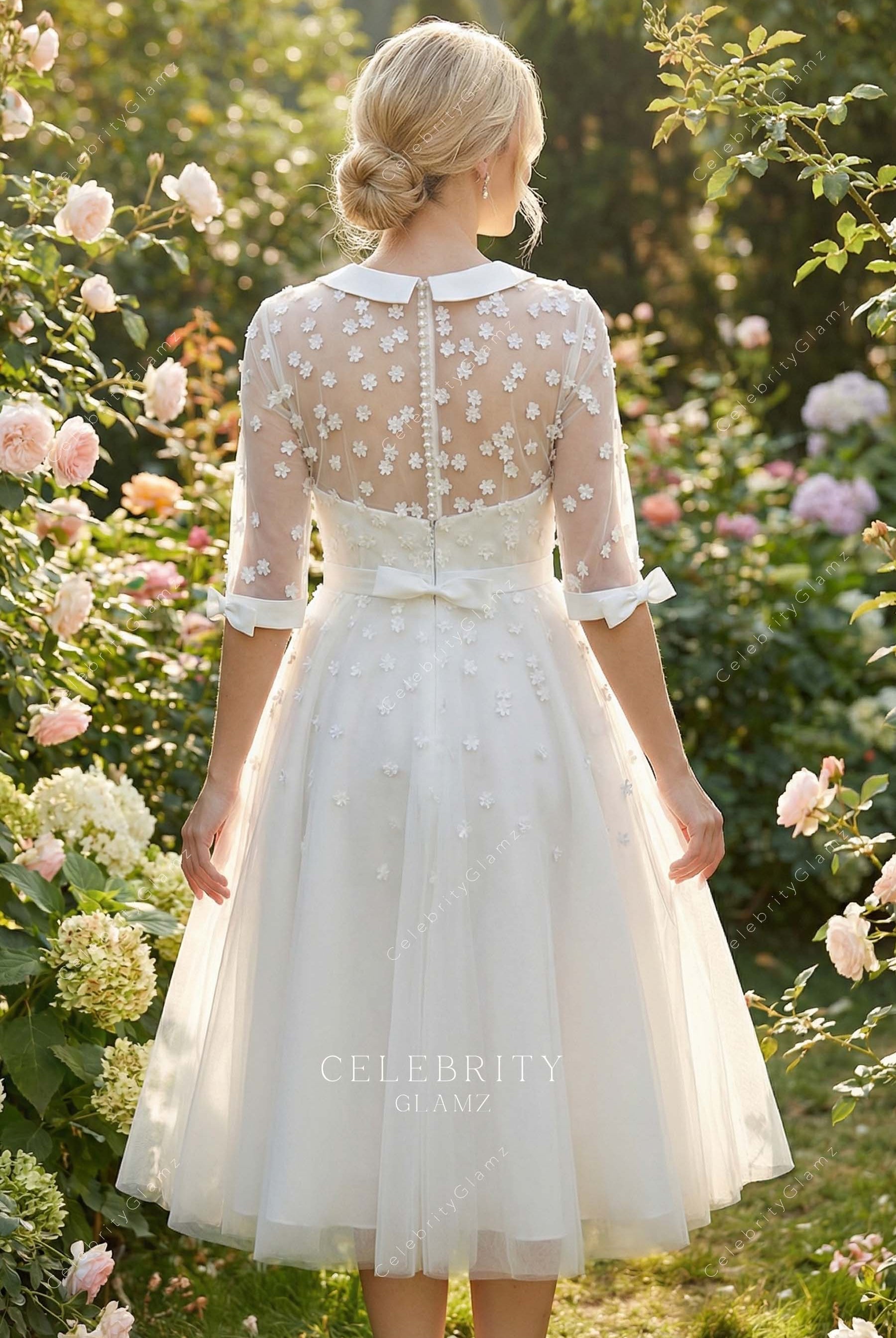 3d floral a line tea length bridal dress