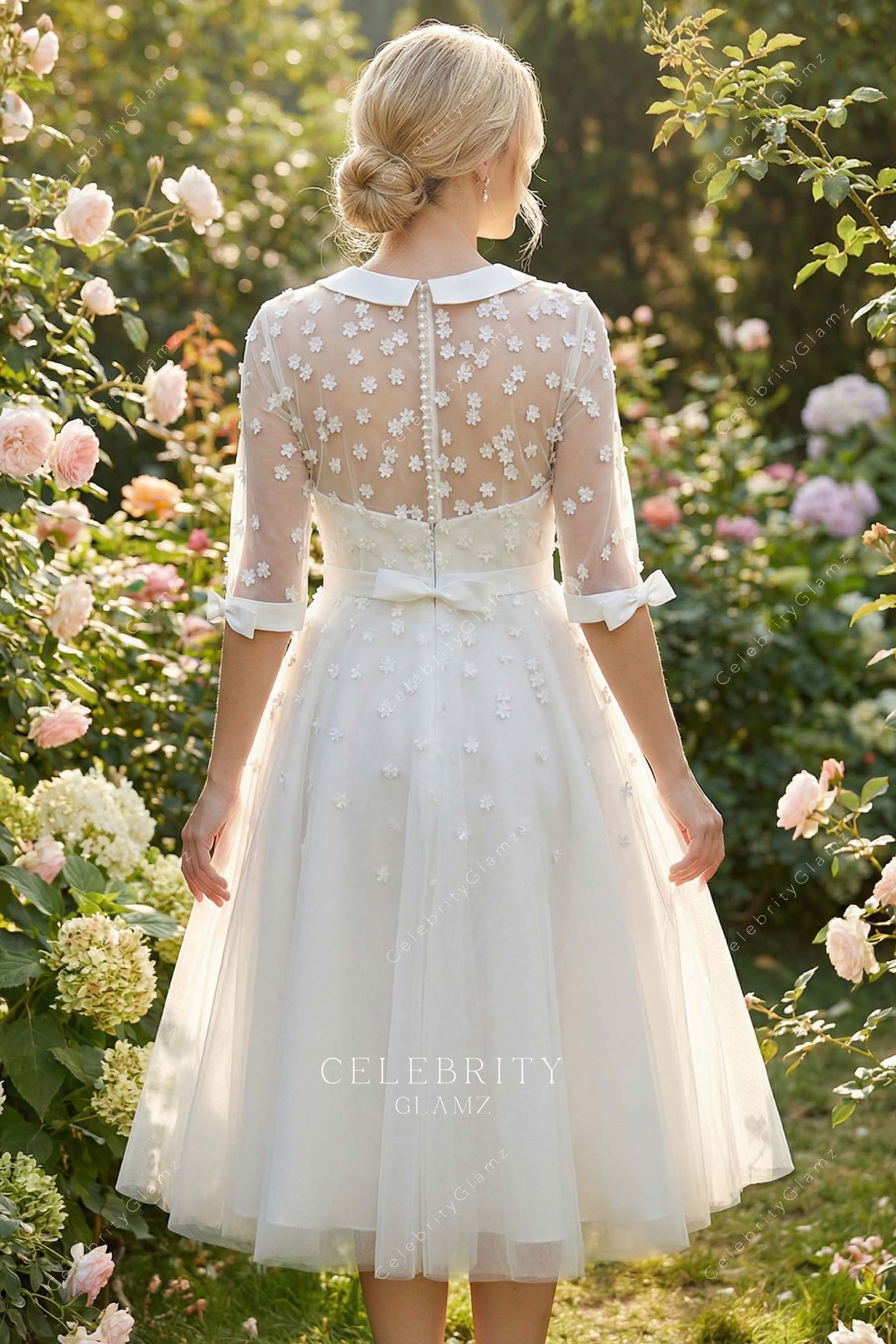 3d floral a line tea length bridal dress