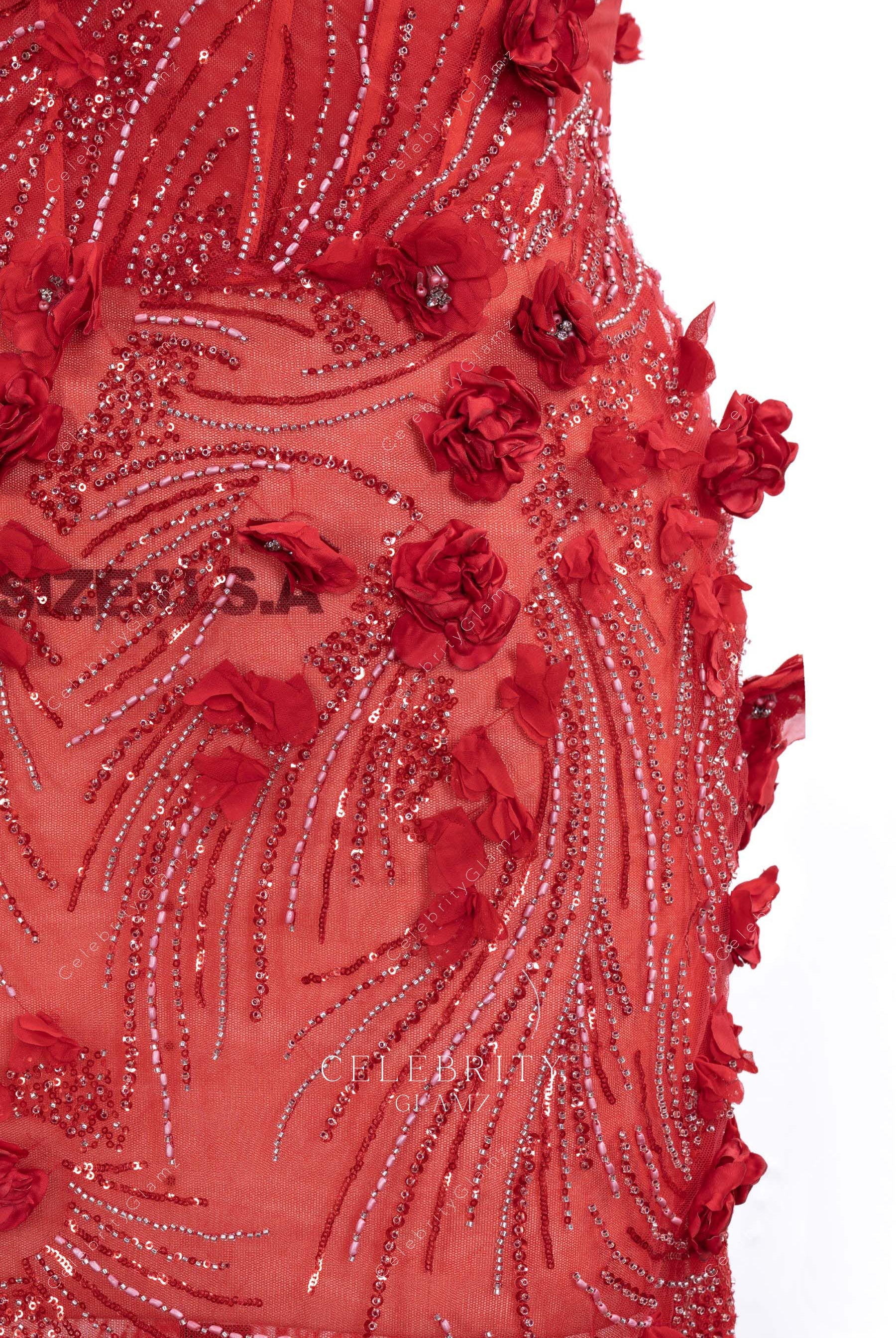 3d floral lace red prom dress