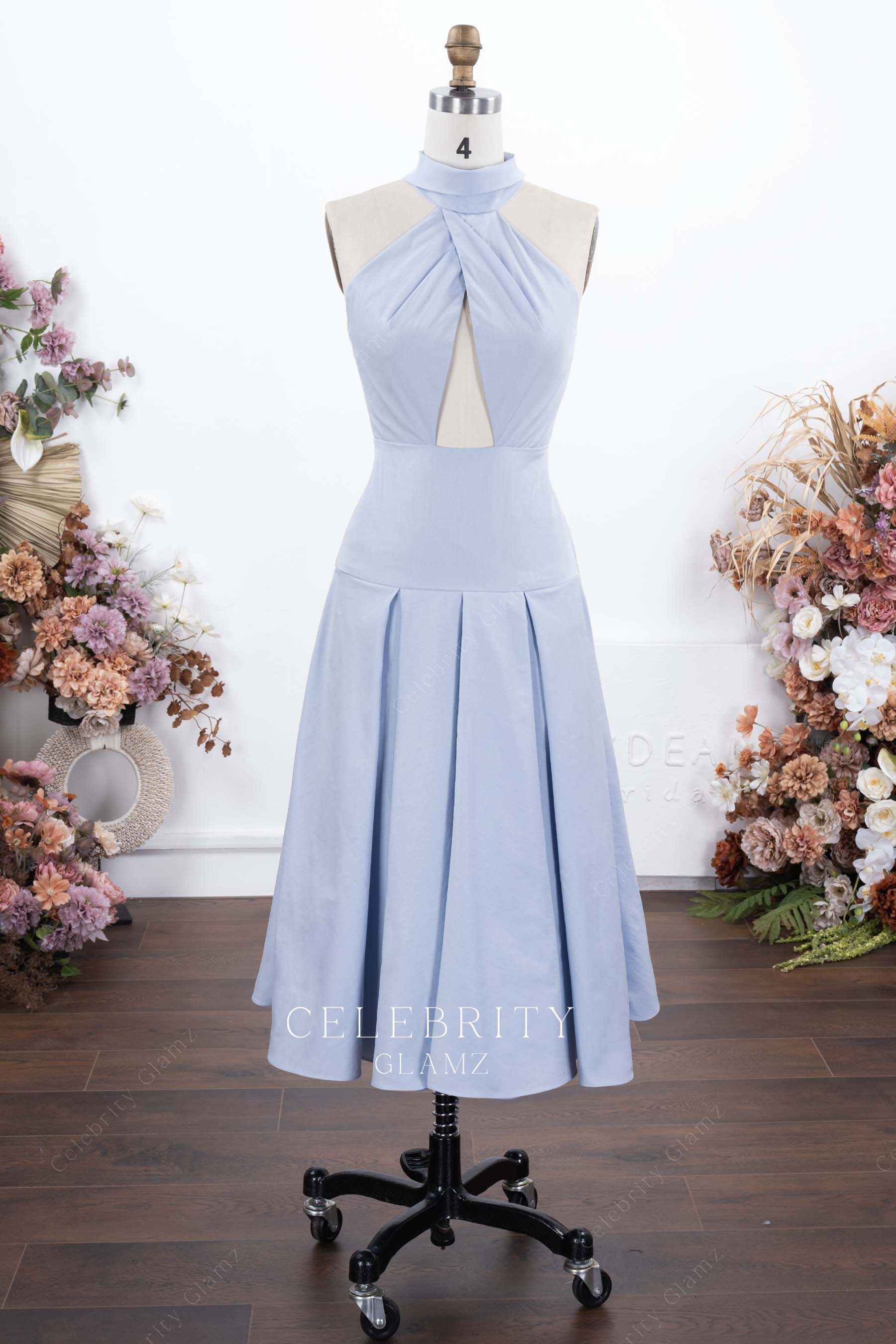 blue halter a line formal dress
