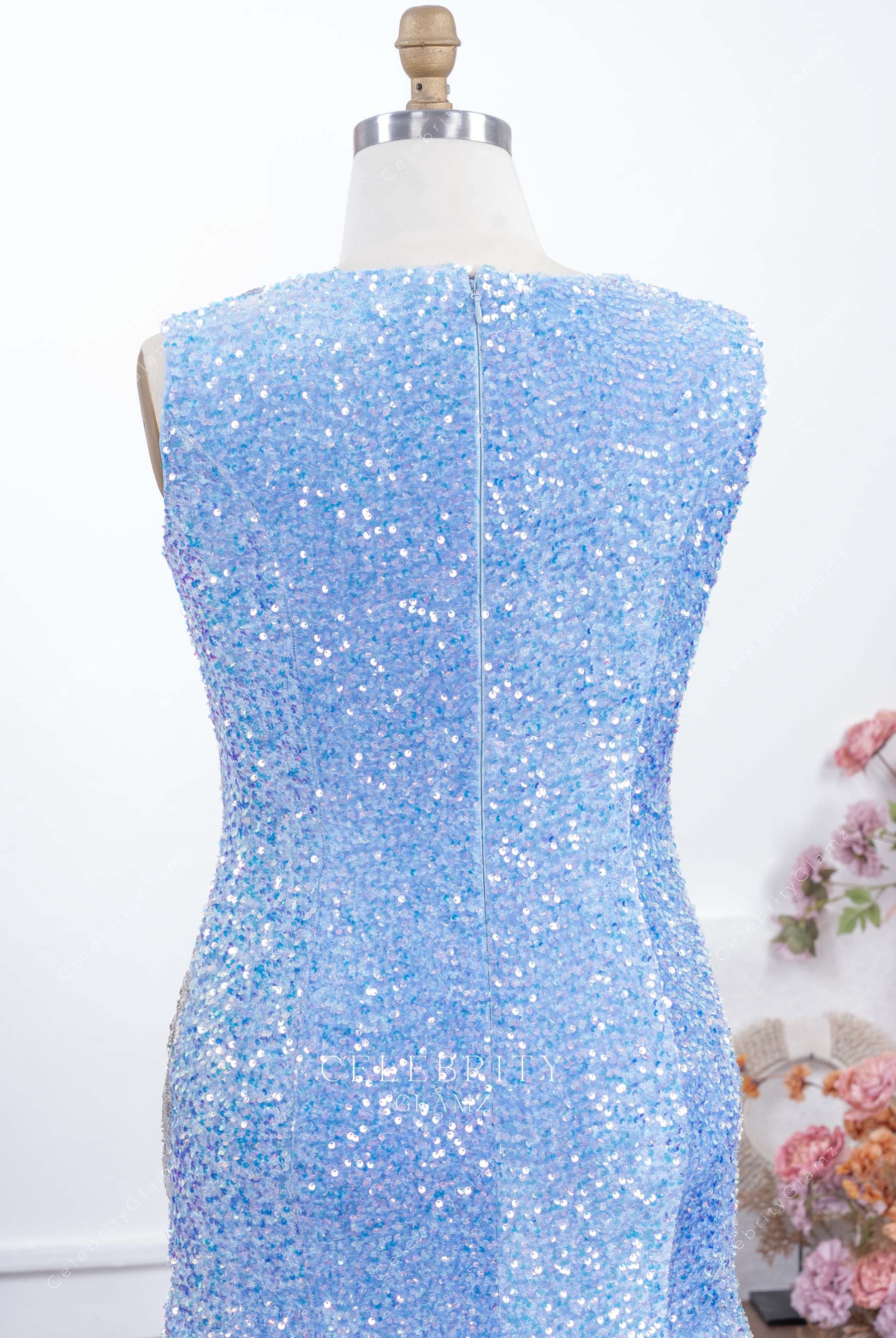 conservative back blue glitter prom dress