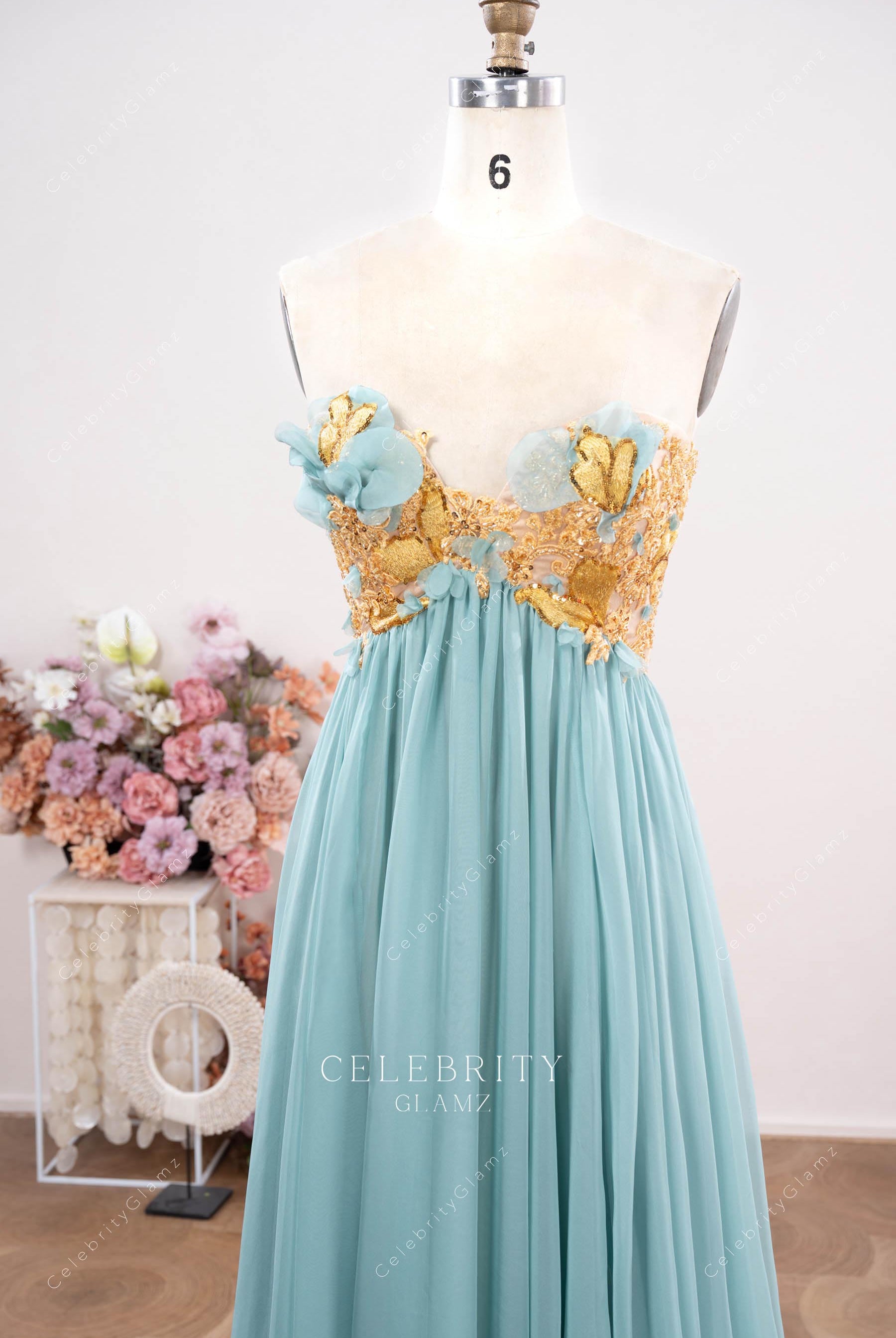 ice blue strapless formal dress