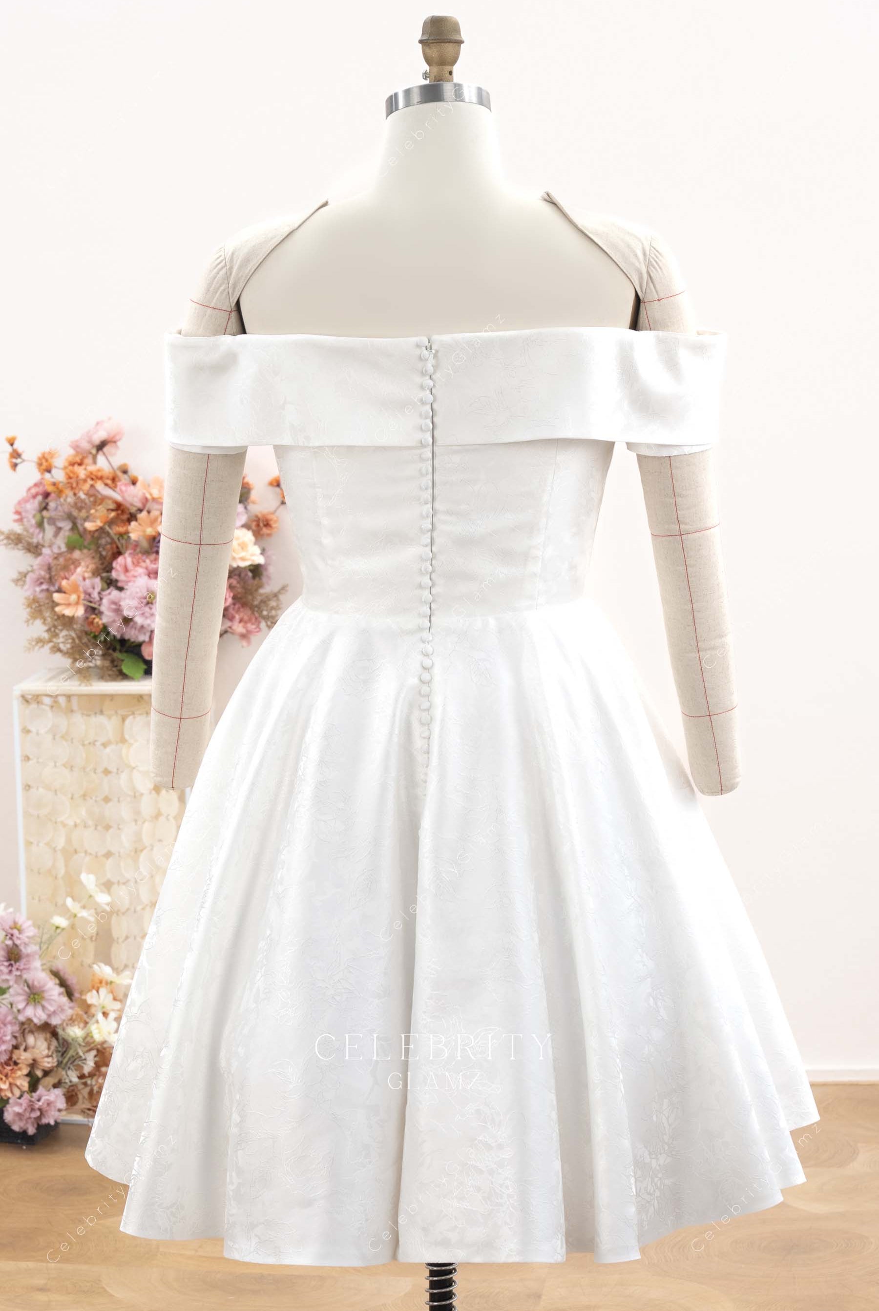 Jacquard off shoulder back bridal dress