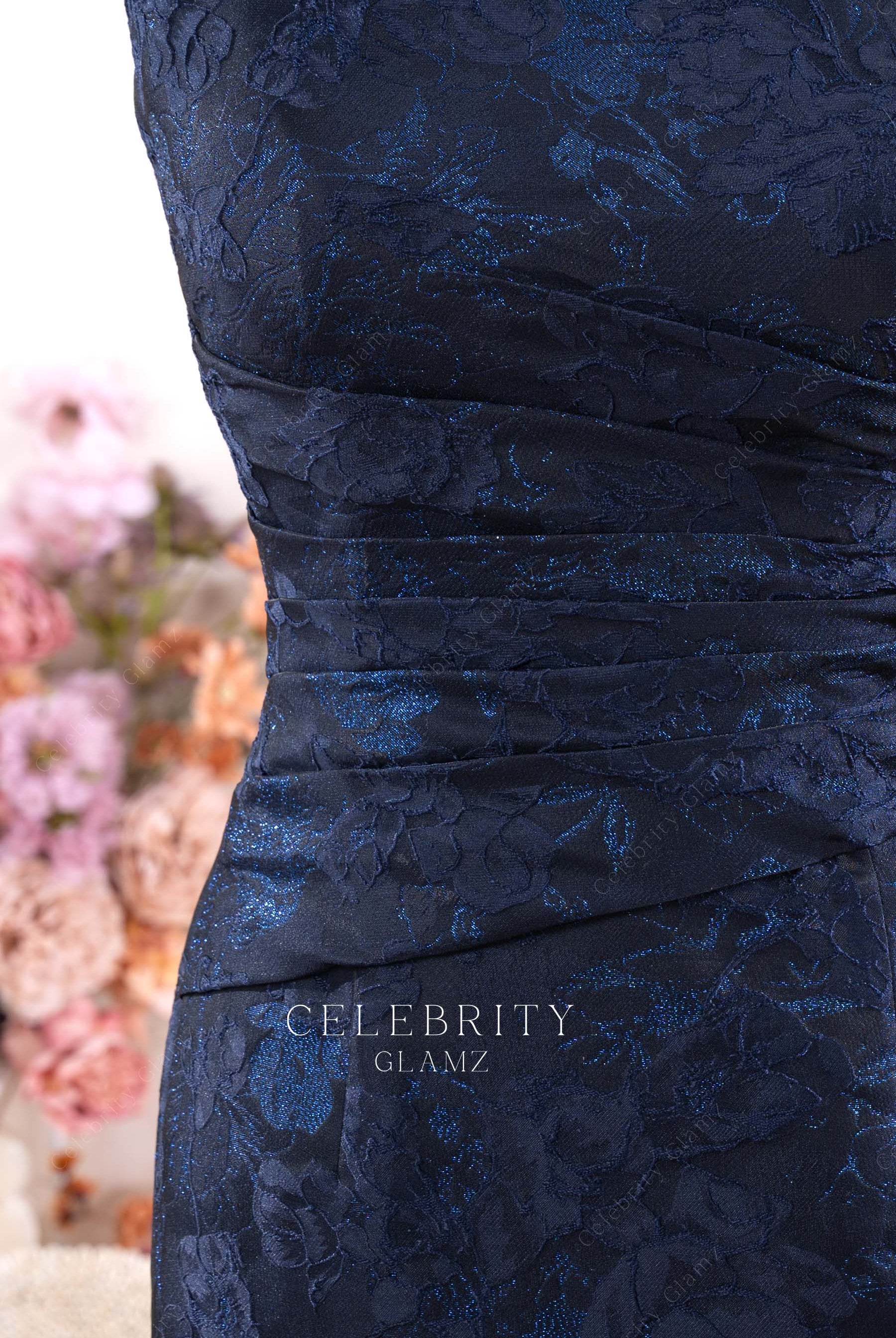 Jacquard pleated navy mother of bride dress