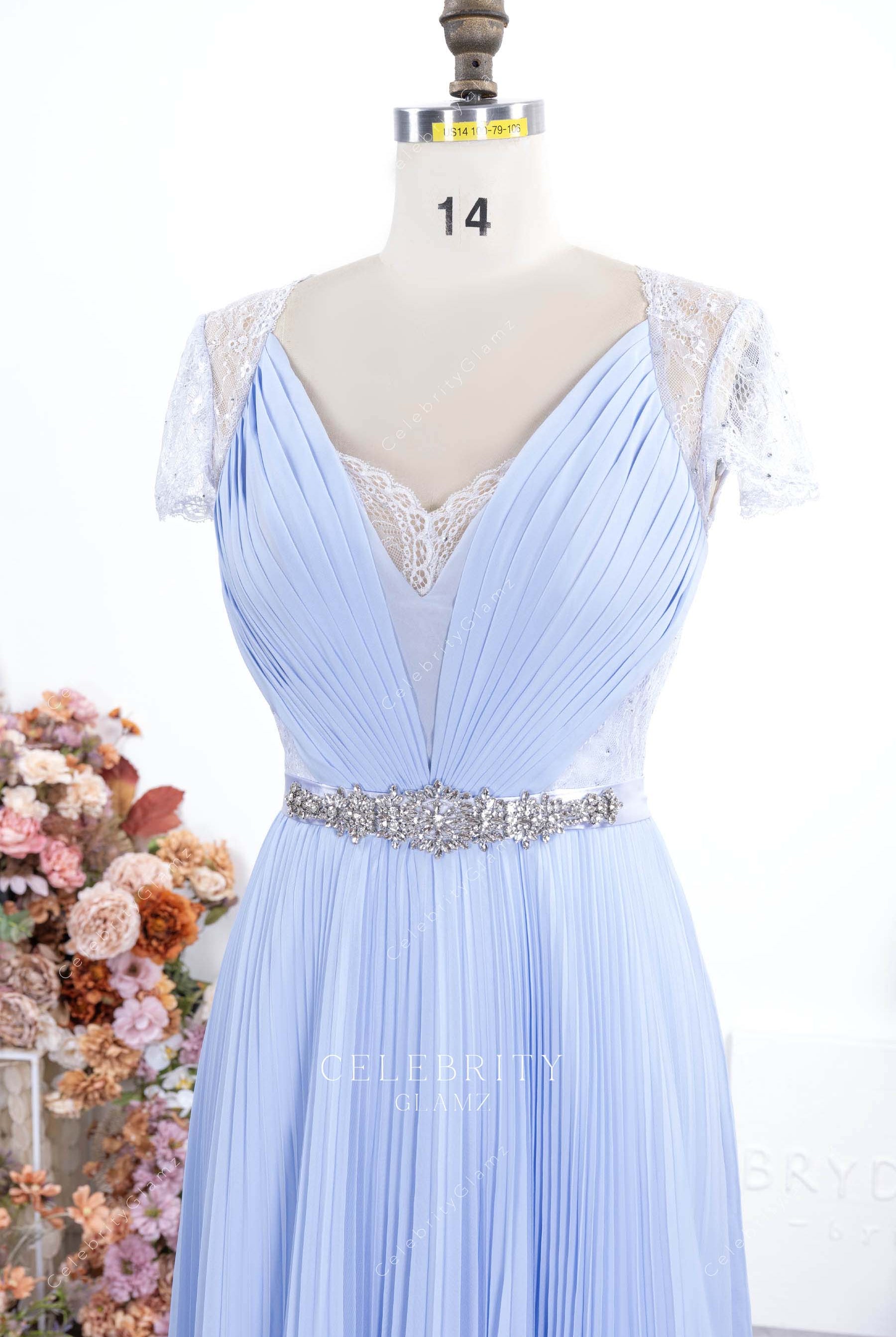 Lavender chiffon lace sleeve formal dress