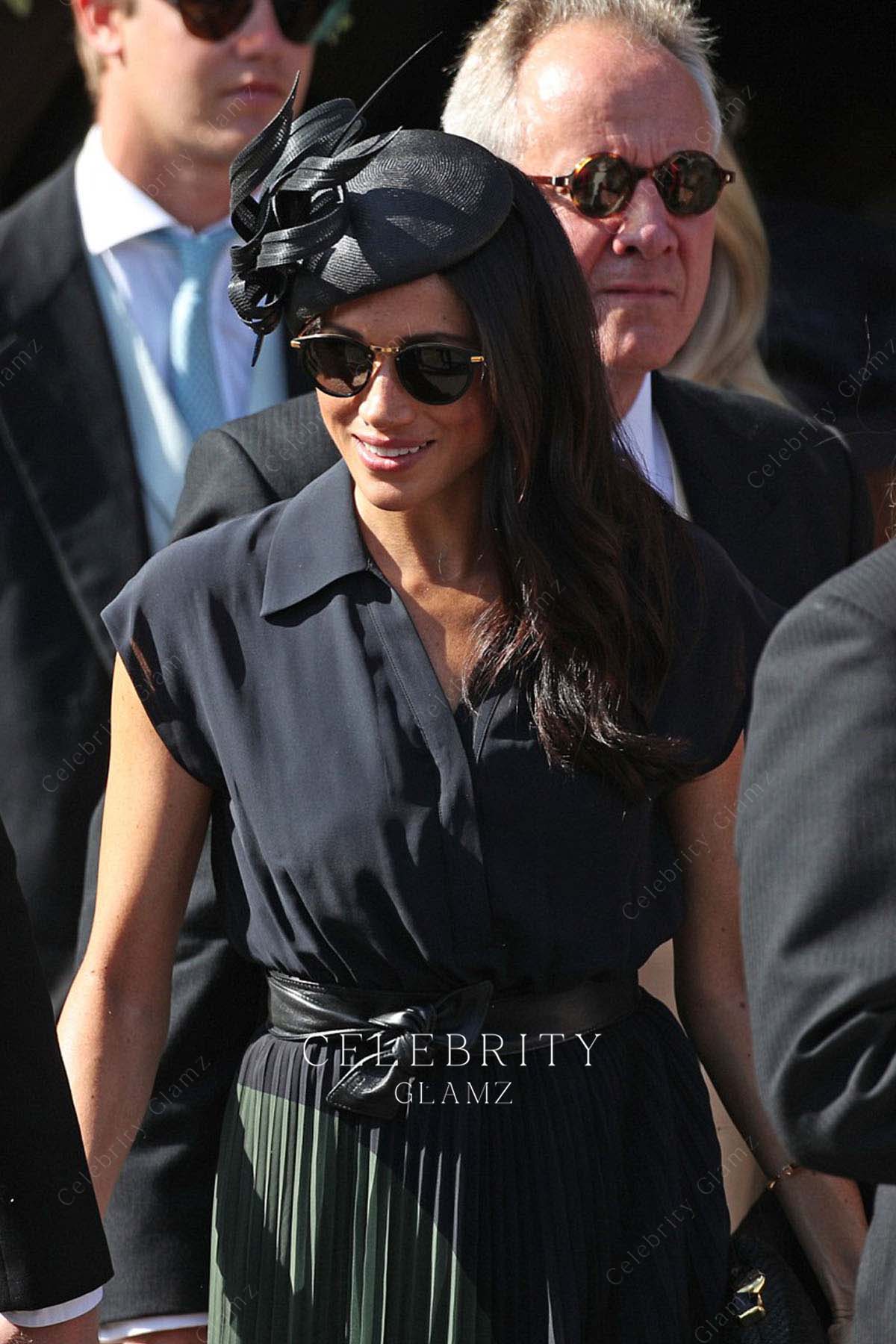 Meghan Markle shirt collar casual dress Harry's friend's wedding