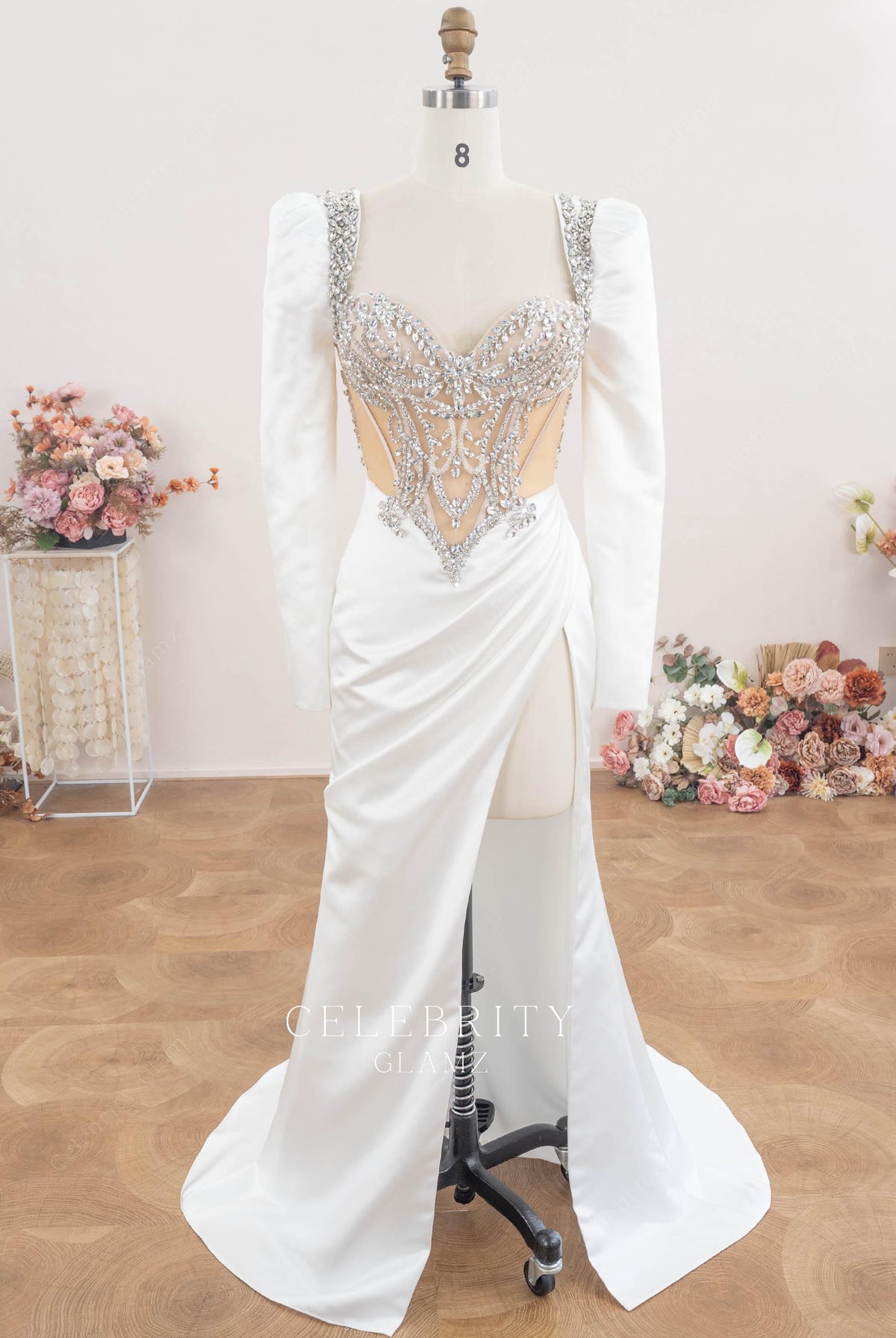 modern satin high slit wedding dress
