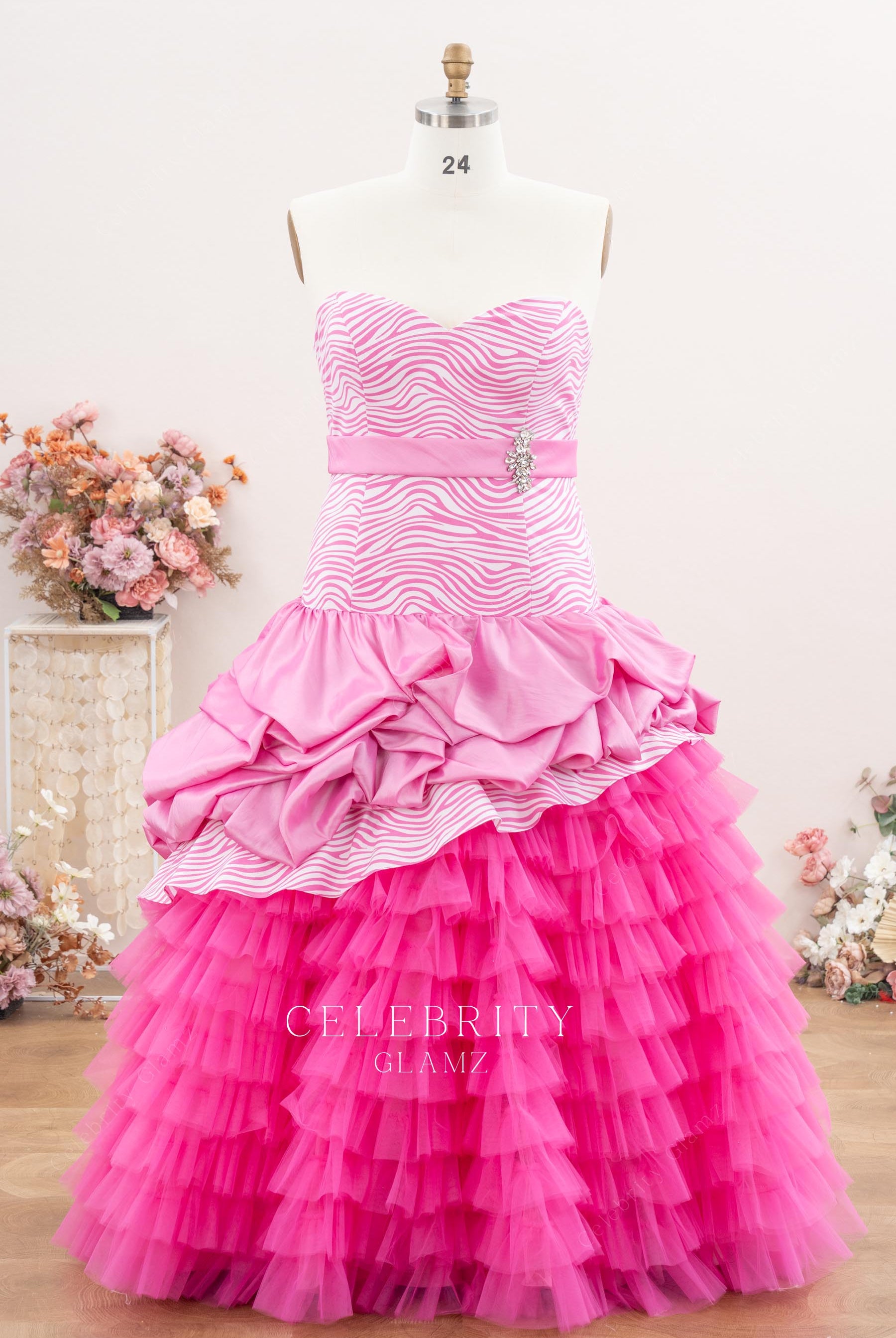 pink strapless layered tulle Quinceanera tulle