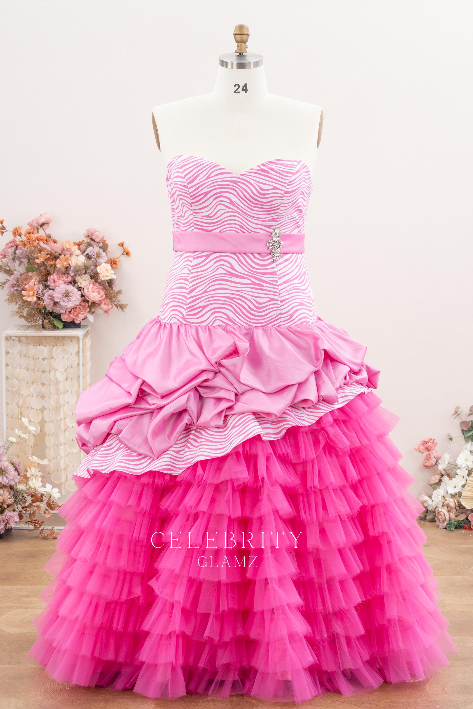 pink strapless layered tulle Quinceanera tulle
