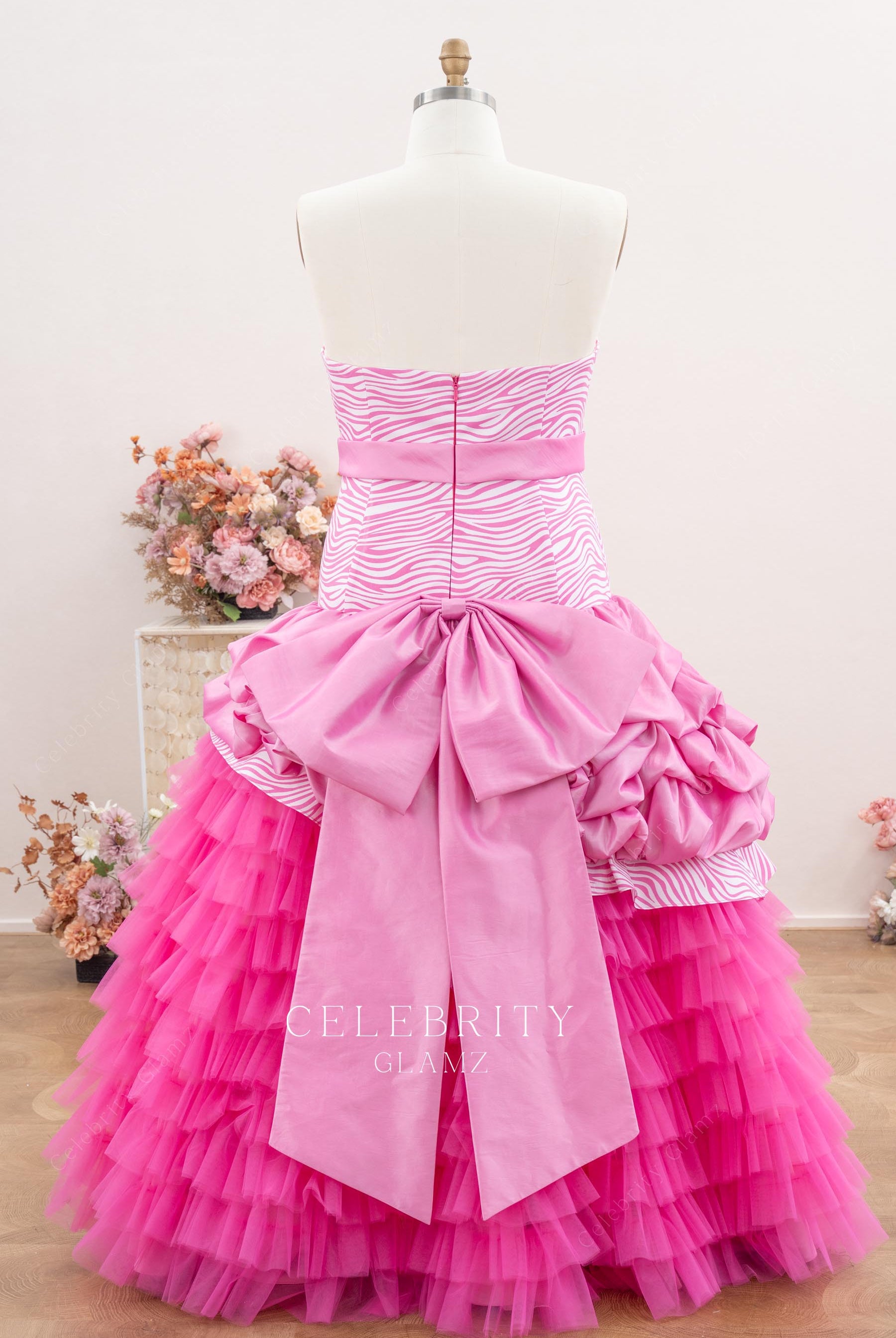 pink strapless open back Quinceanera gown
