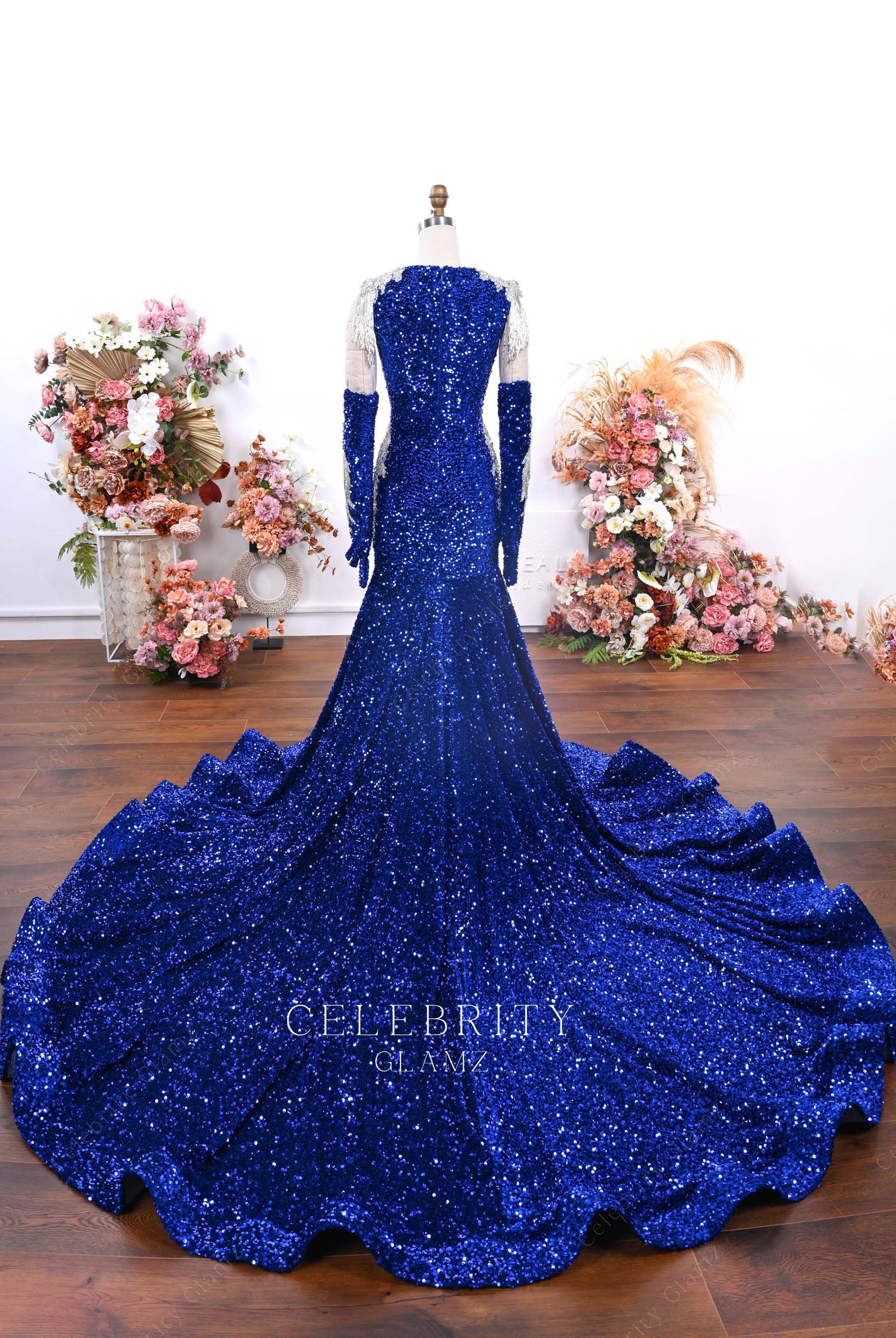 royal blue sequin chapel train prom dress