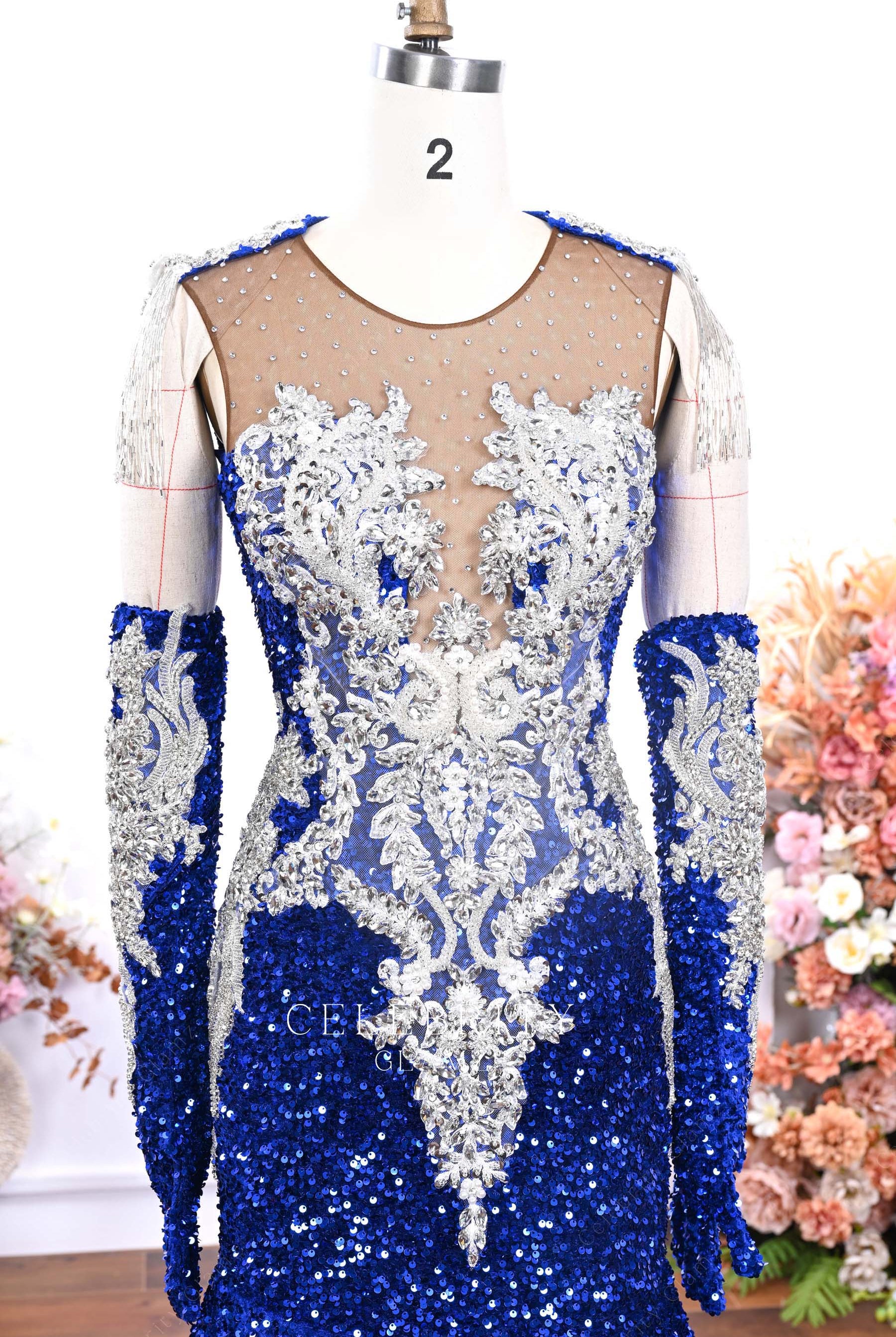 royal blue sequin tassels prom dress