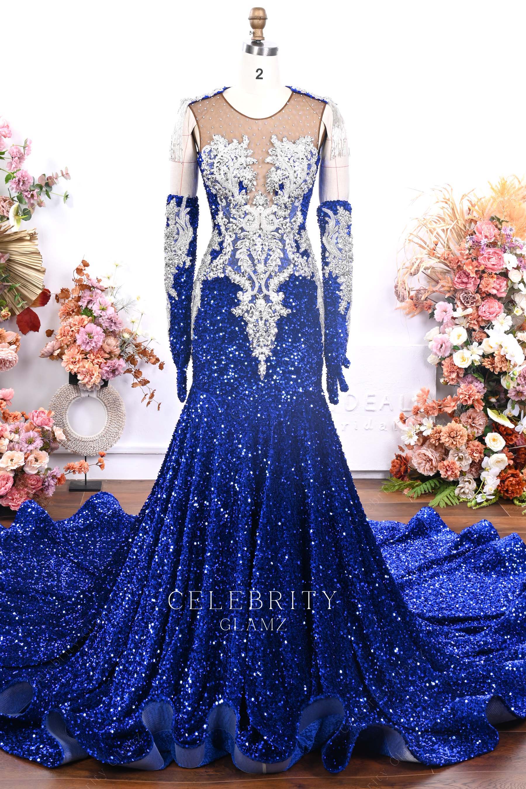 royal blue sequin trumpet prom dress