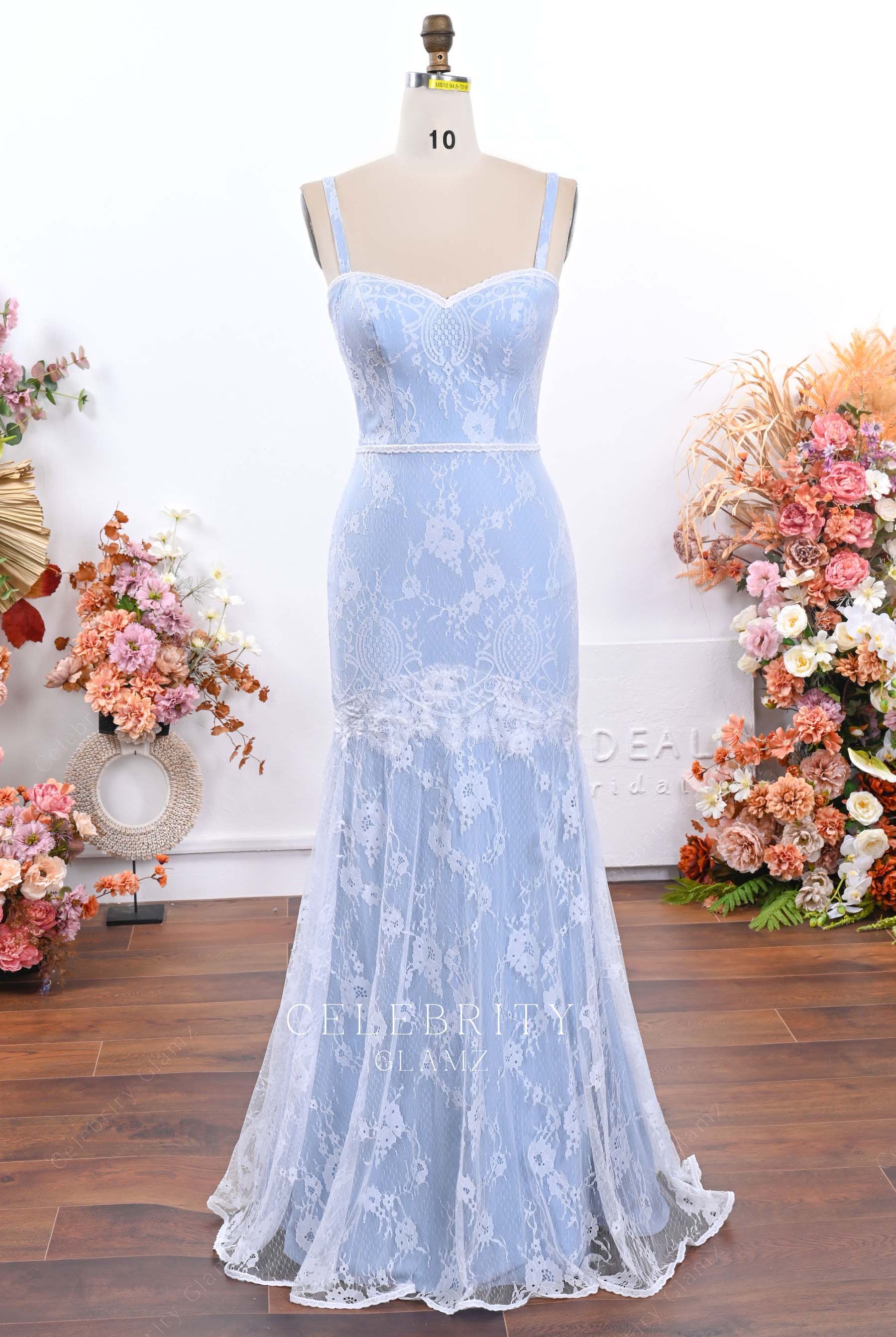 sky blue thin straps prom dress