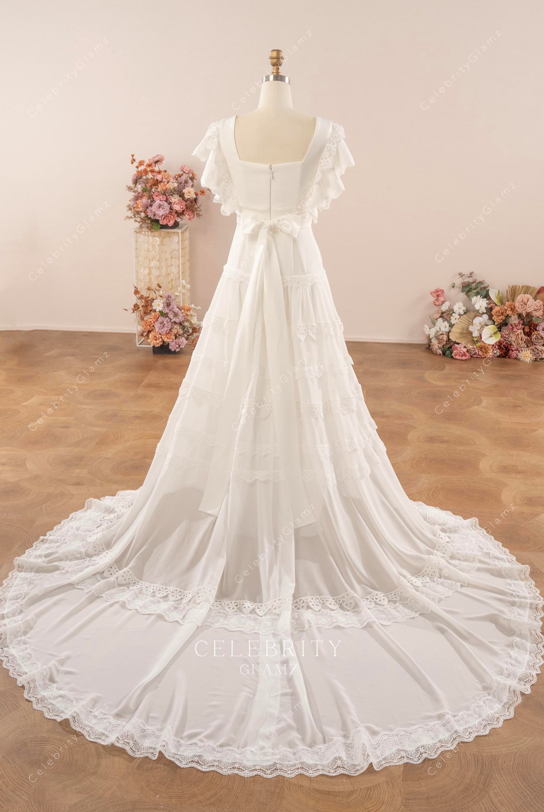 a line chapel train wedding dress