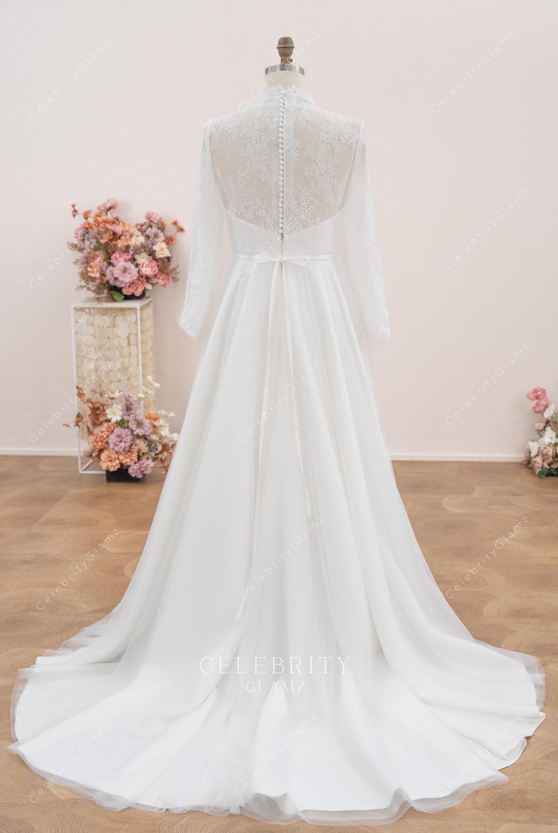 a line long train wedding dress