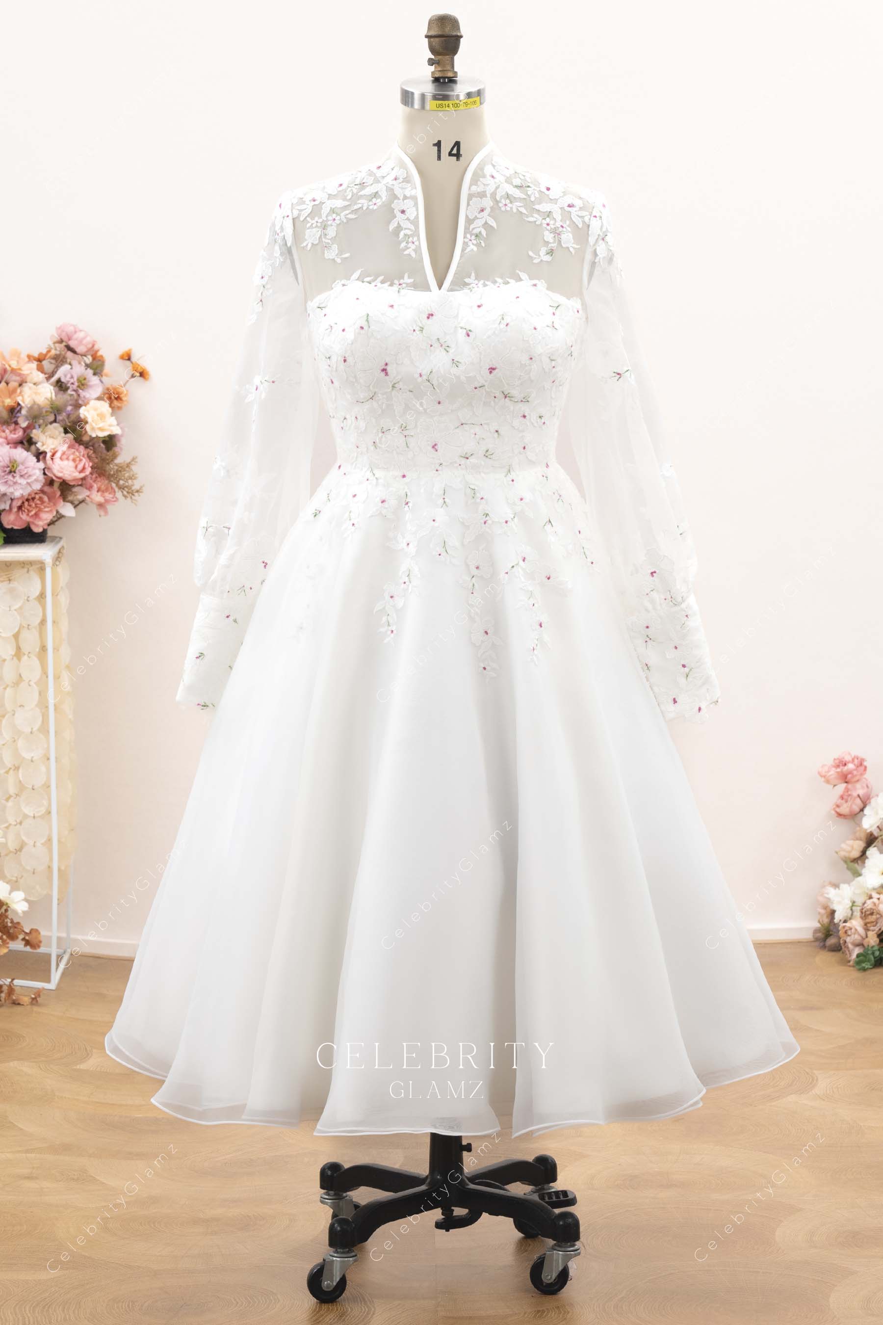 a line tea length wedding dress
