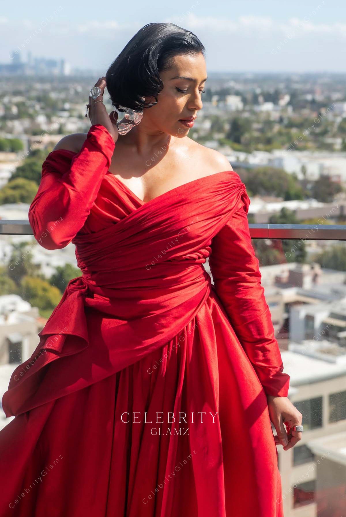 Adriana Paz red long sleeves 2025 Oscars red carpet dress