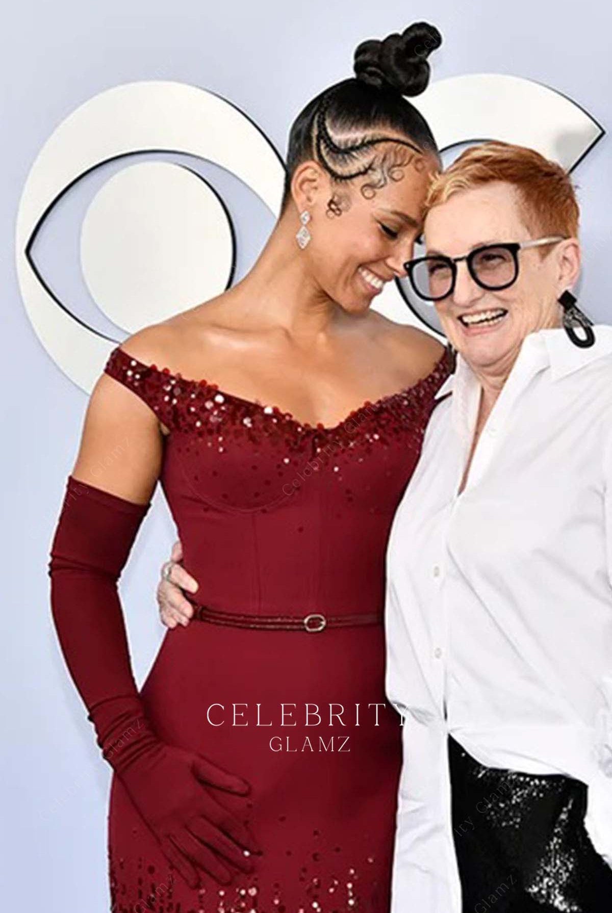 Alicia Keys burgundy v neck prom dress 2024 Tony awards