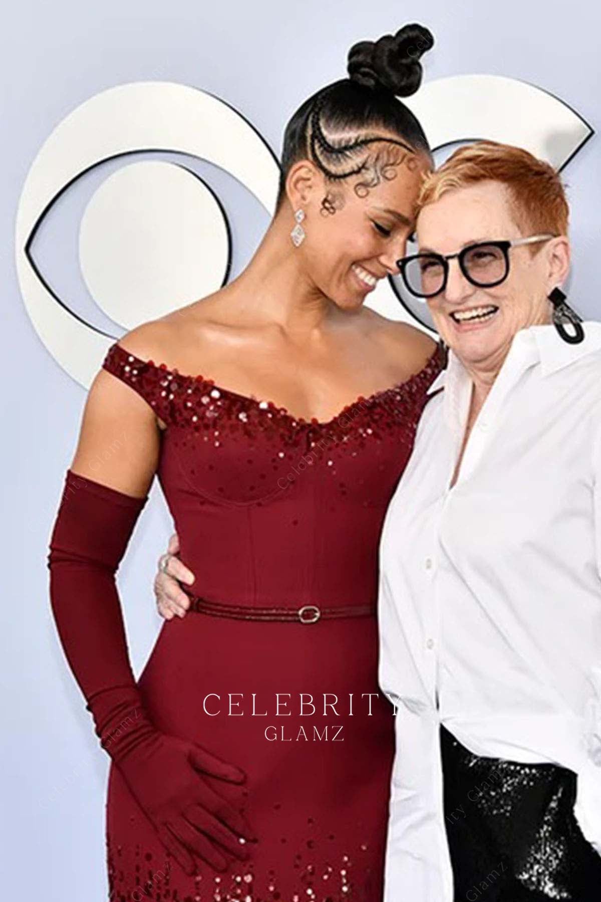 Alicia Keys burgundy v neck prom dress 2024 Tony awards