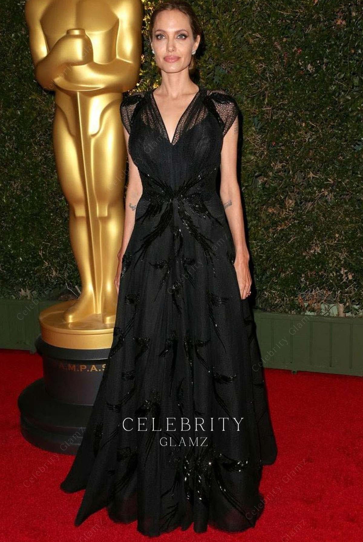 Angelina Jolie black a line dress Oscar red carpet 2013