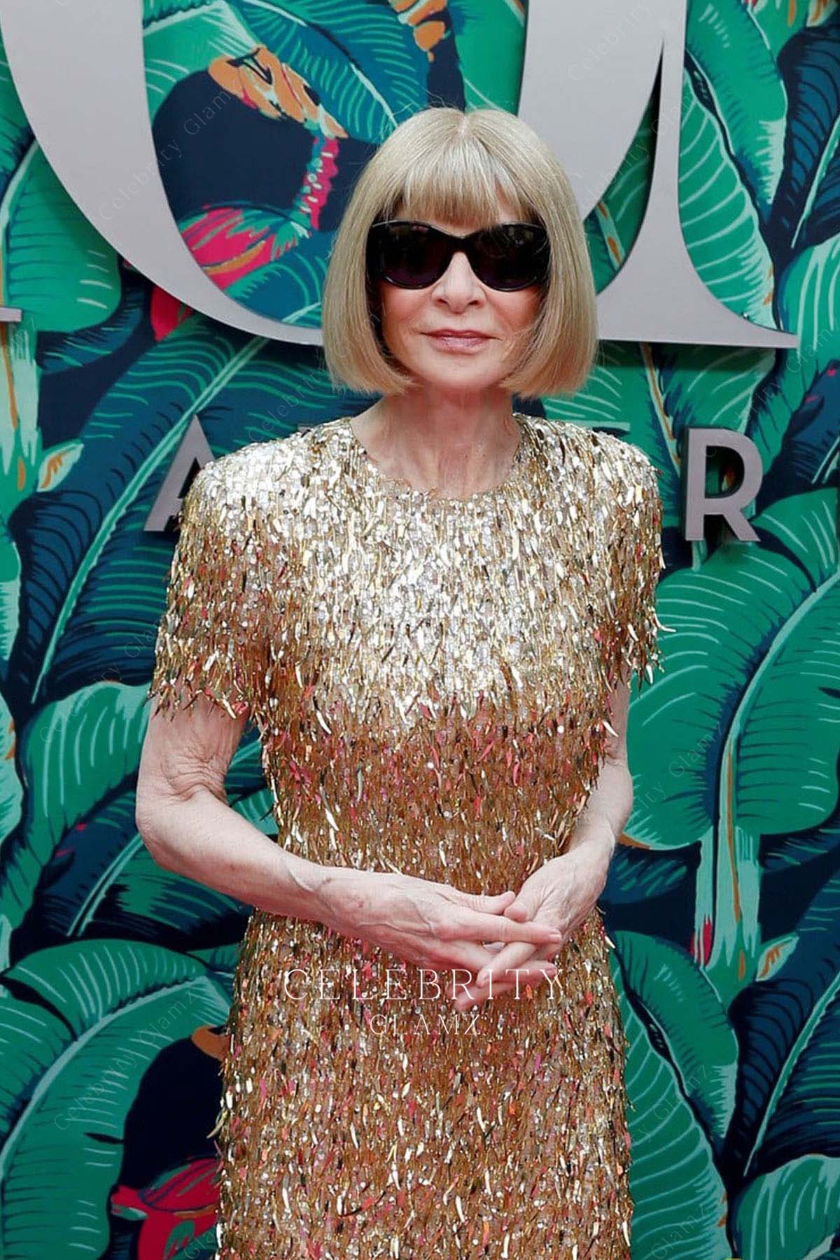 Anna Wintour sparkly crew neck evening dress 76th tony awards