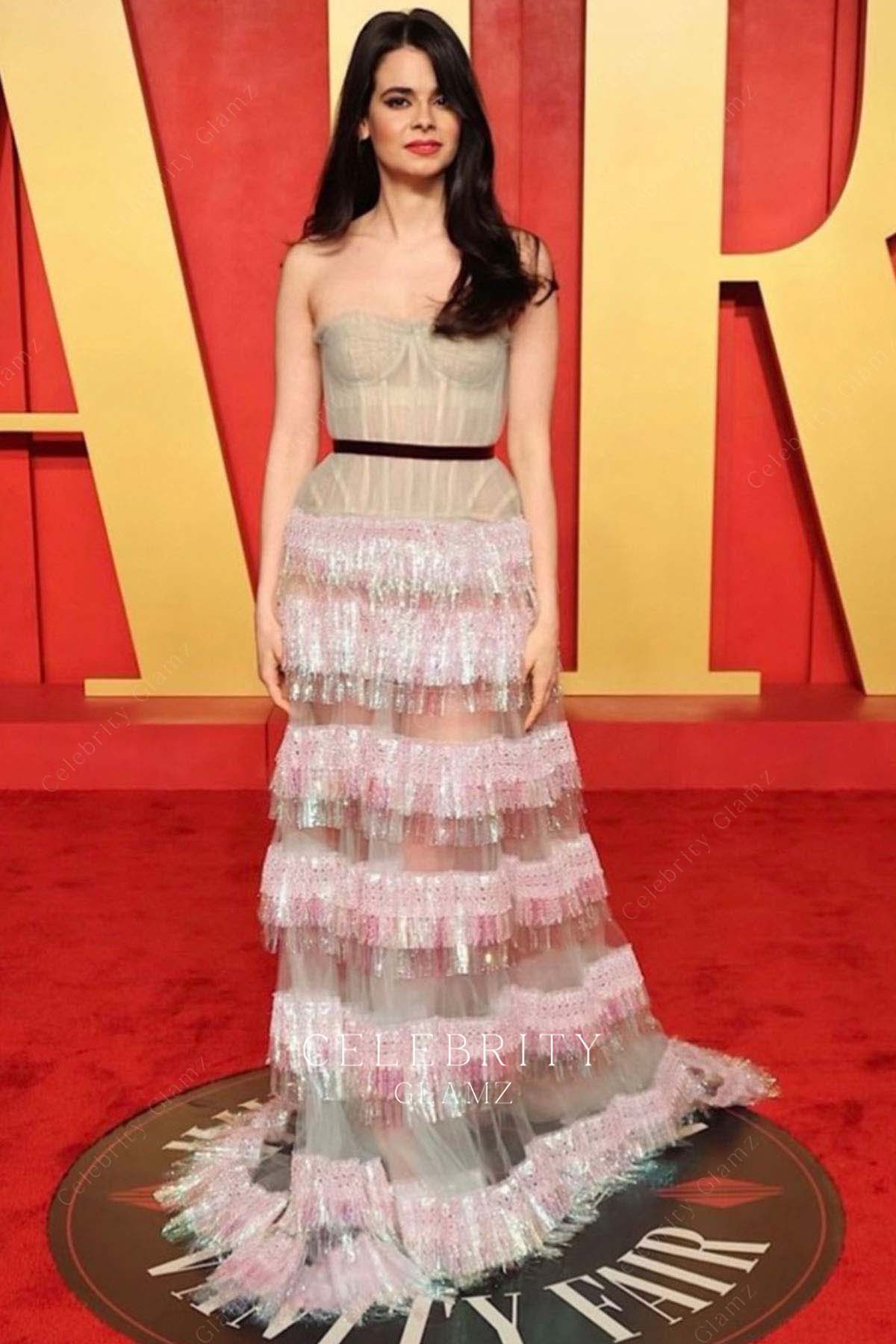 Aria Mia Loberti glitter tiered prom dress 2024 Oscars after party