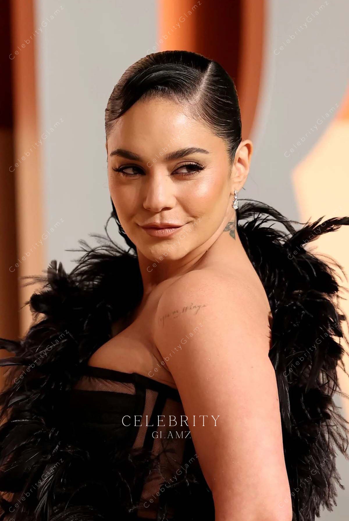 asymmetric neck Vanessa Hudgens 2025 Vanity Fair party dress