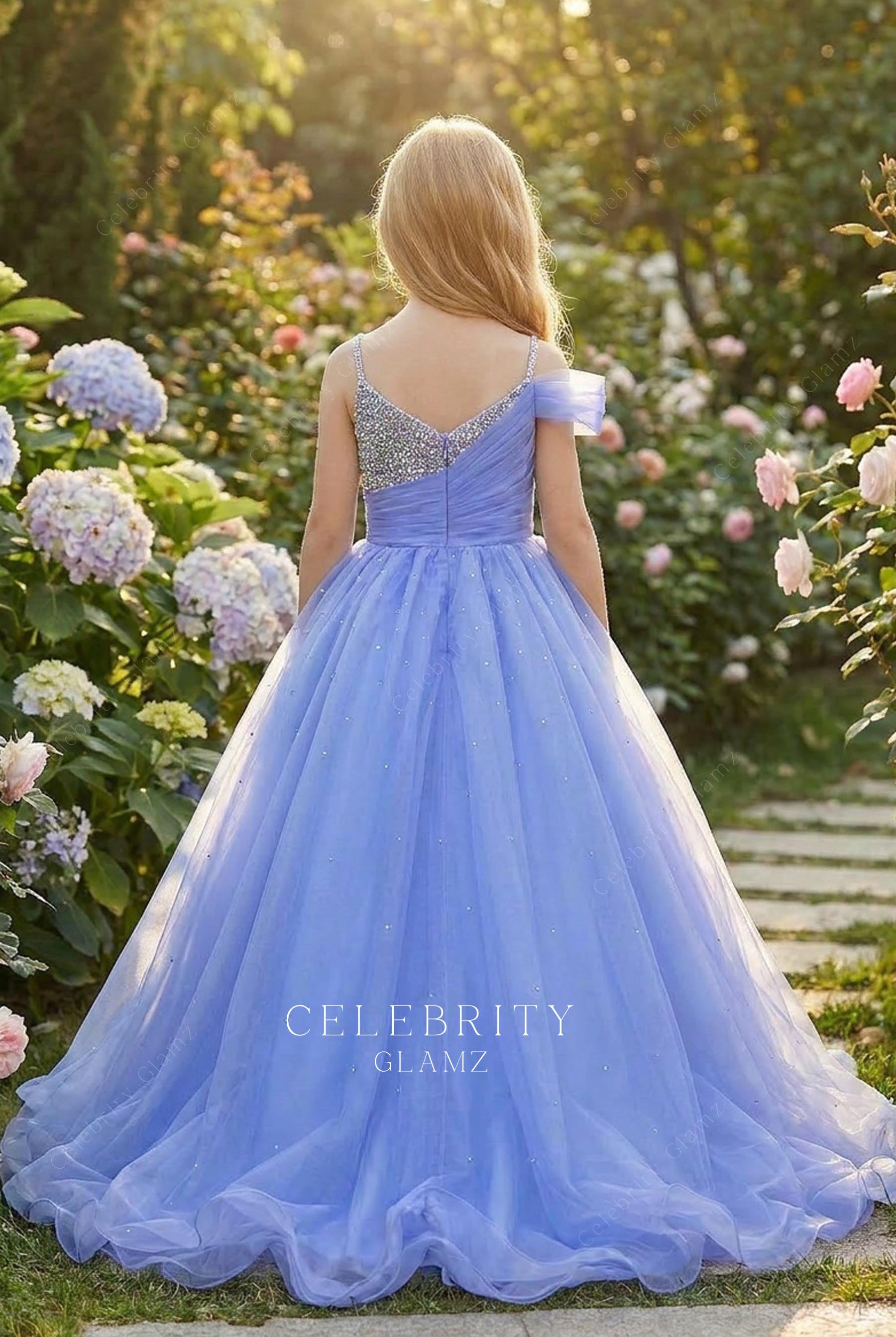 asymmetrical sleeve kids pageant dress