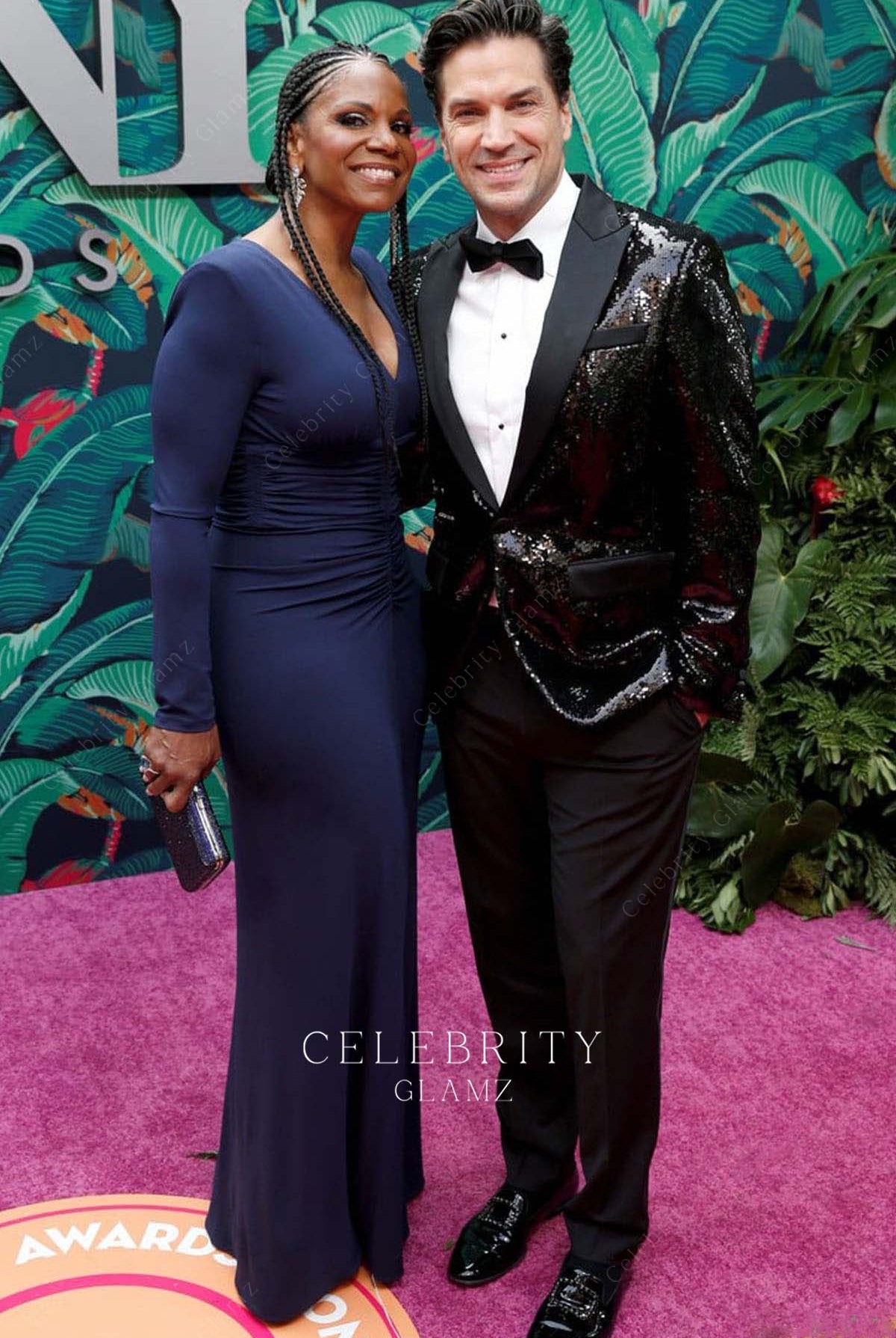 Audra McDonald dark navy floor length prom dress 76th annual tony awards