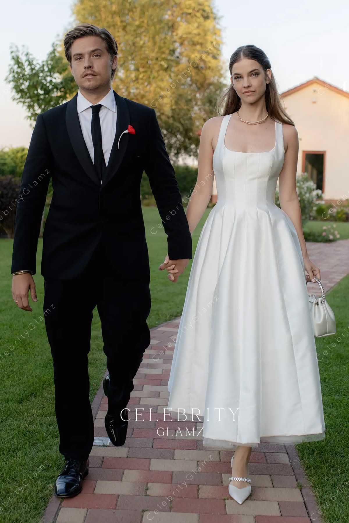 Barbara Palvin white square neck wedding reception dress