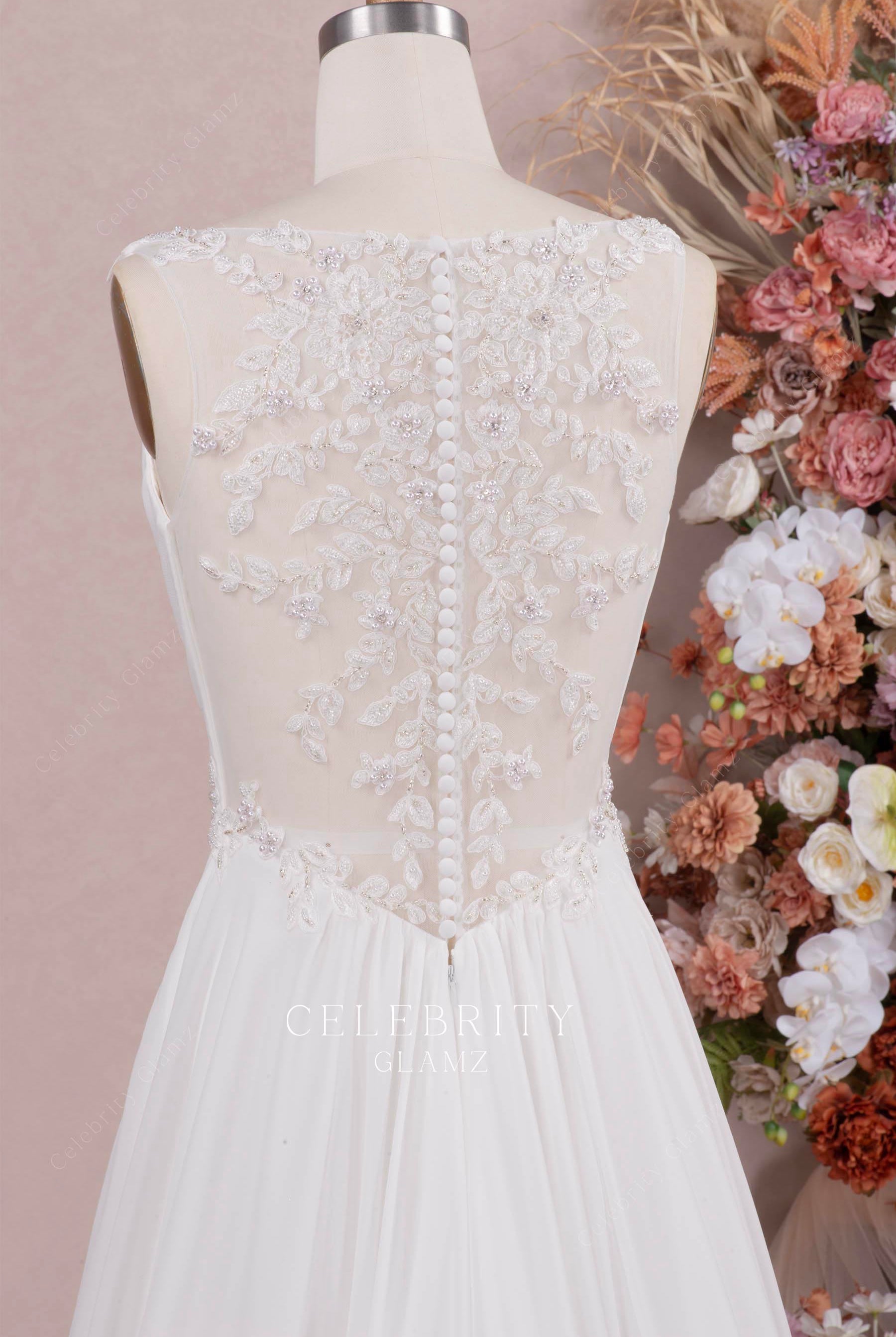 beaded lace applique chiffon bridal dress