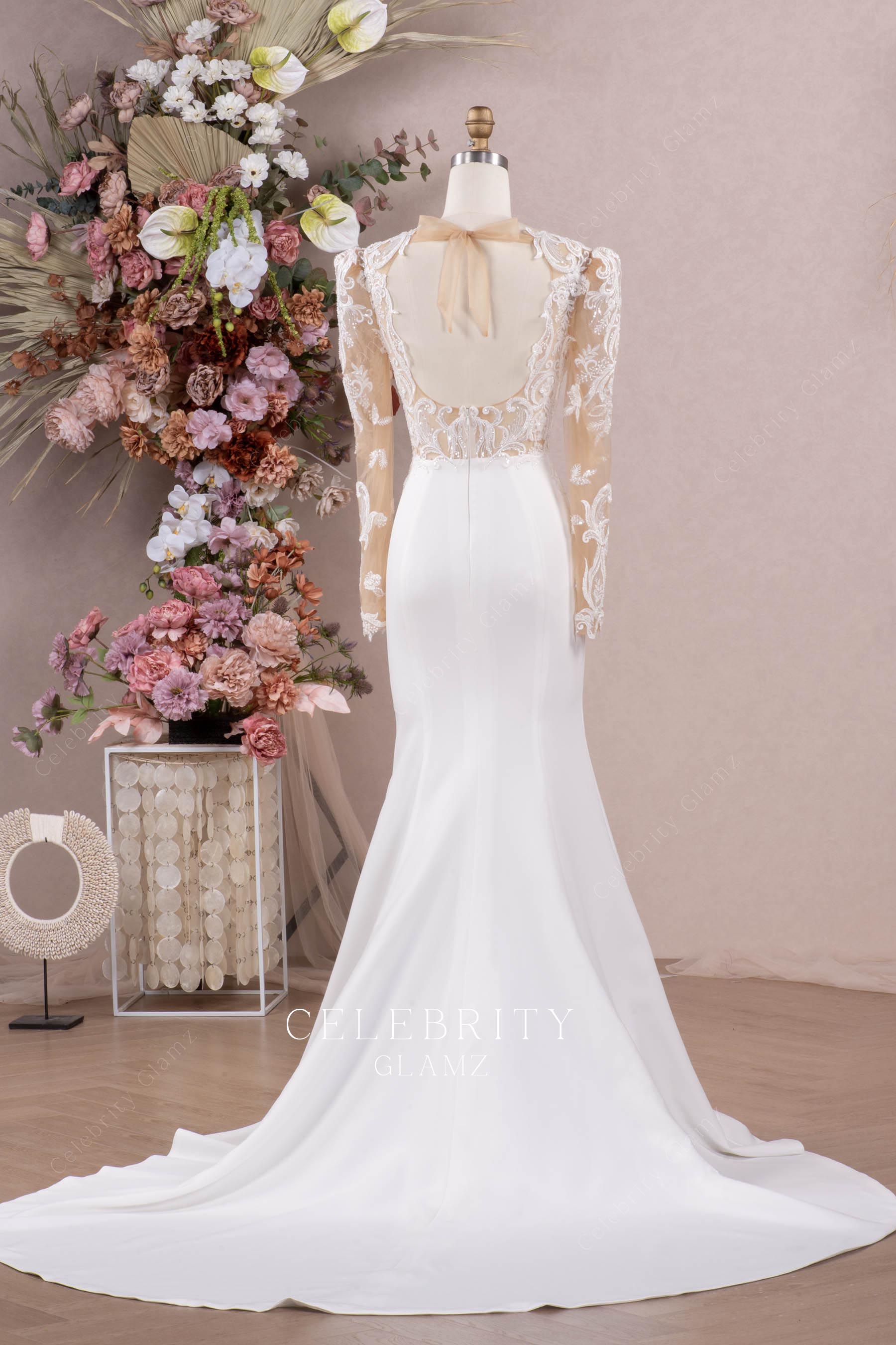 beaded lace crepe chapel train bridal dress