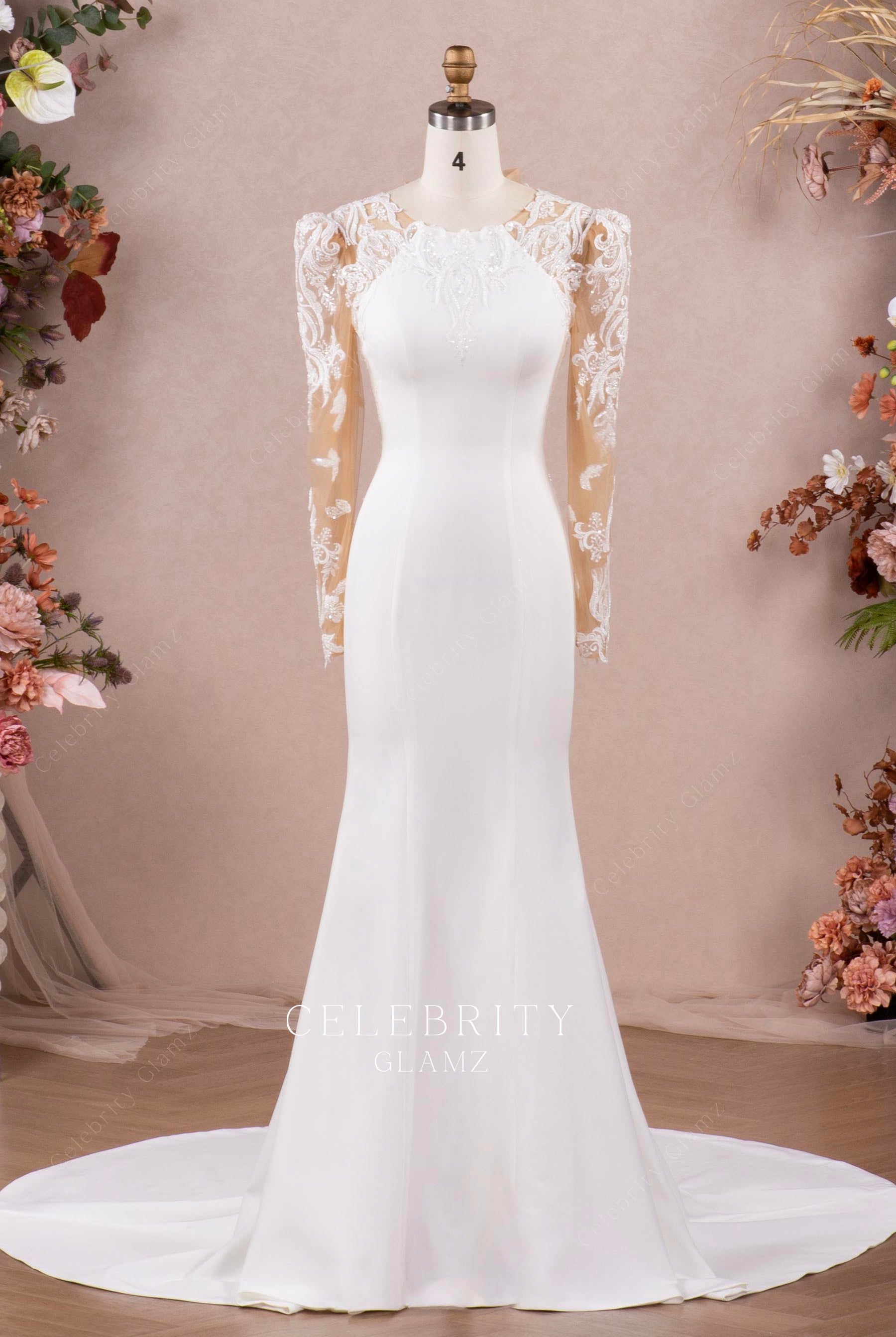 beaded lace crepe mermaid bridal dress