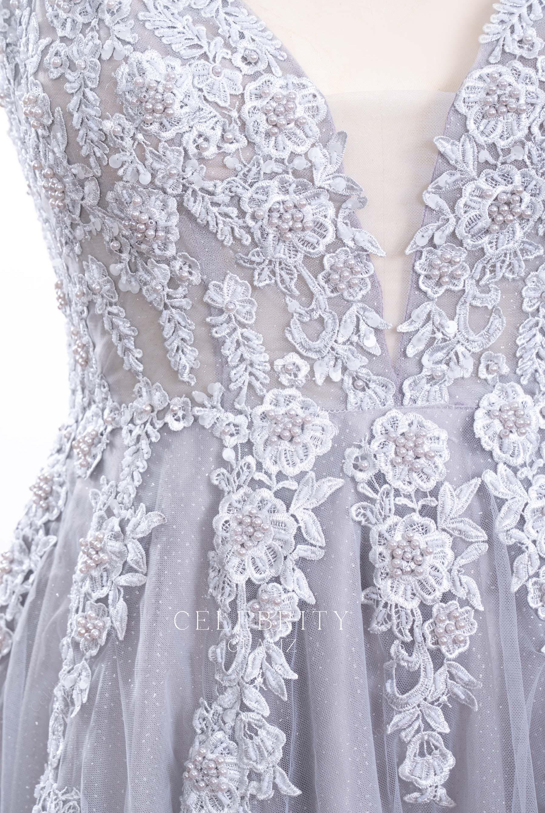 beaded lace gray formal dress