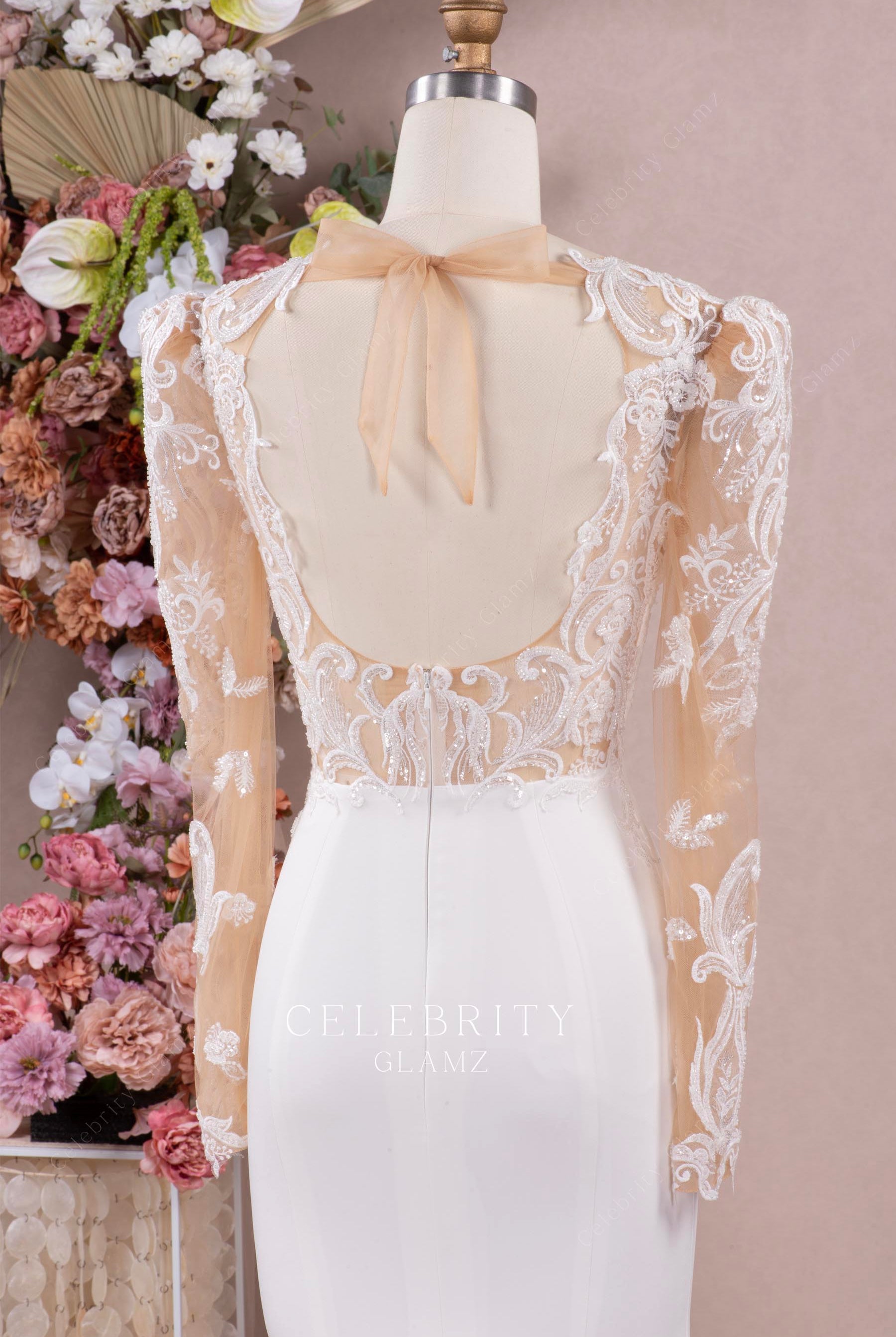 beaded lace long sleeves wedding dress