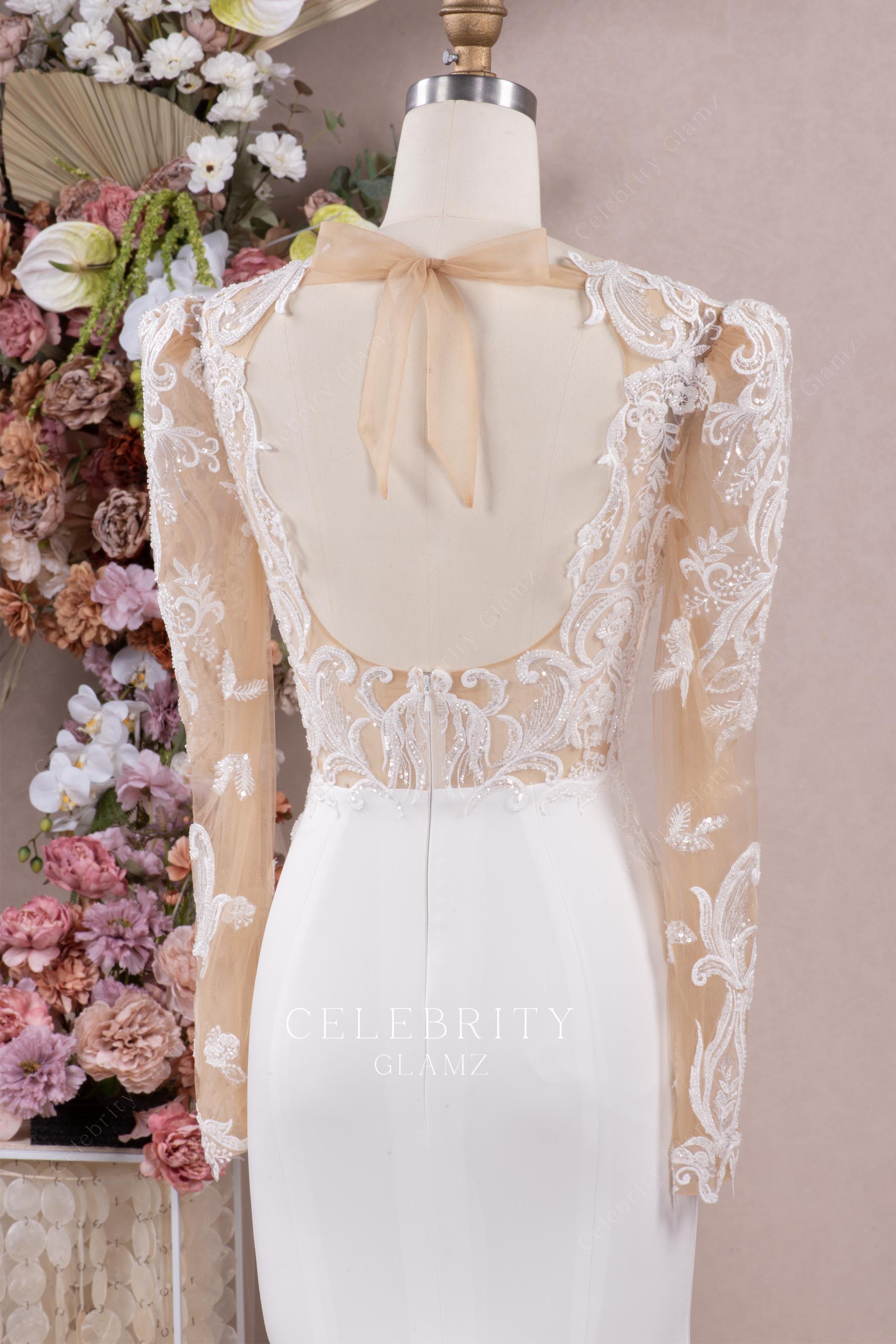 beaded lace long sleeves wedding dress