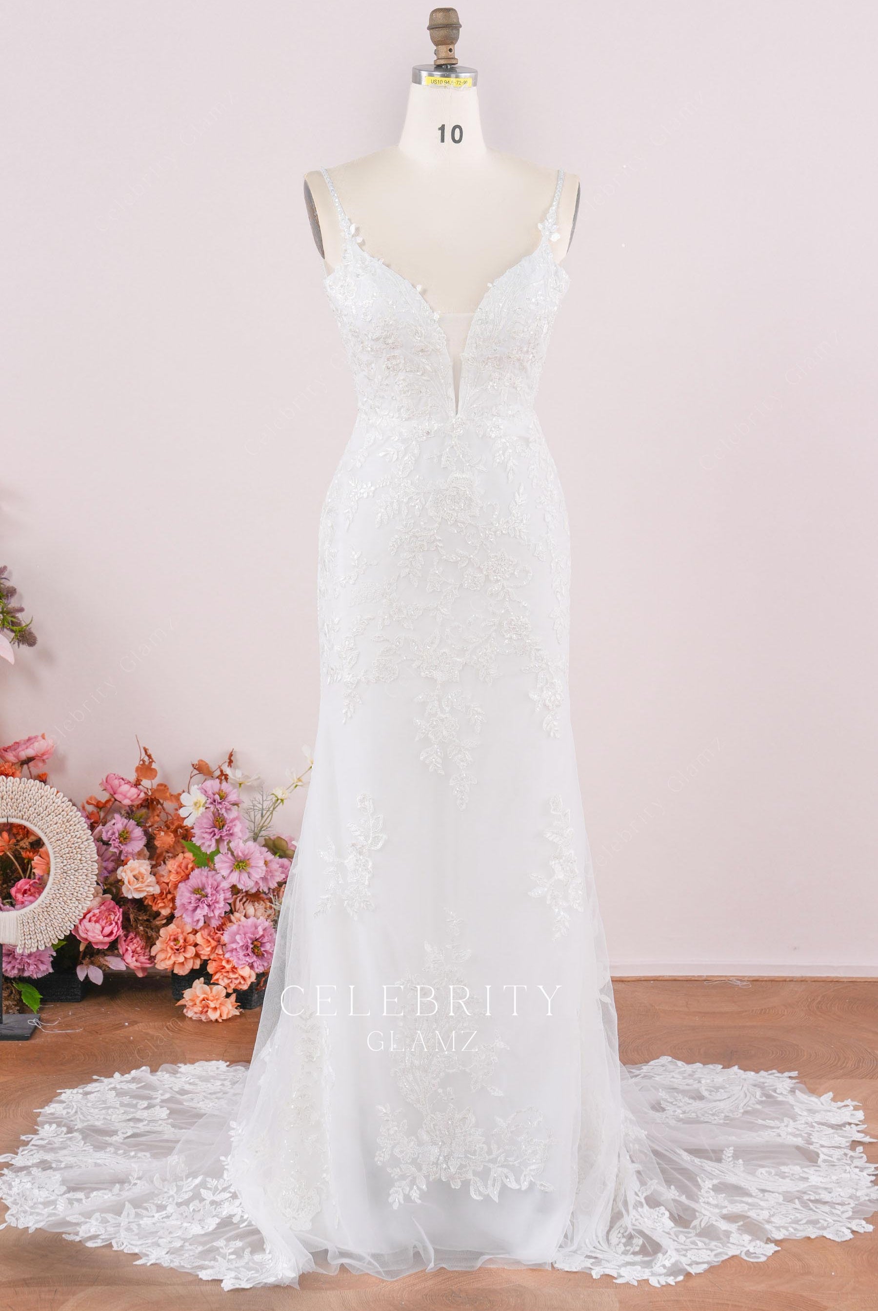 beaded lace straps mermaid bridal dress