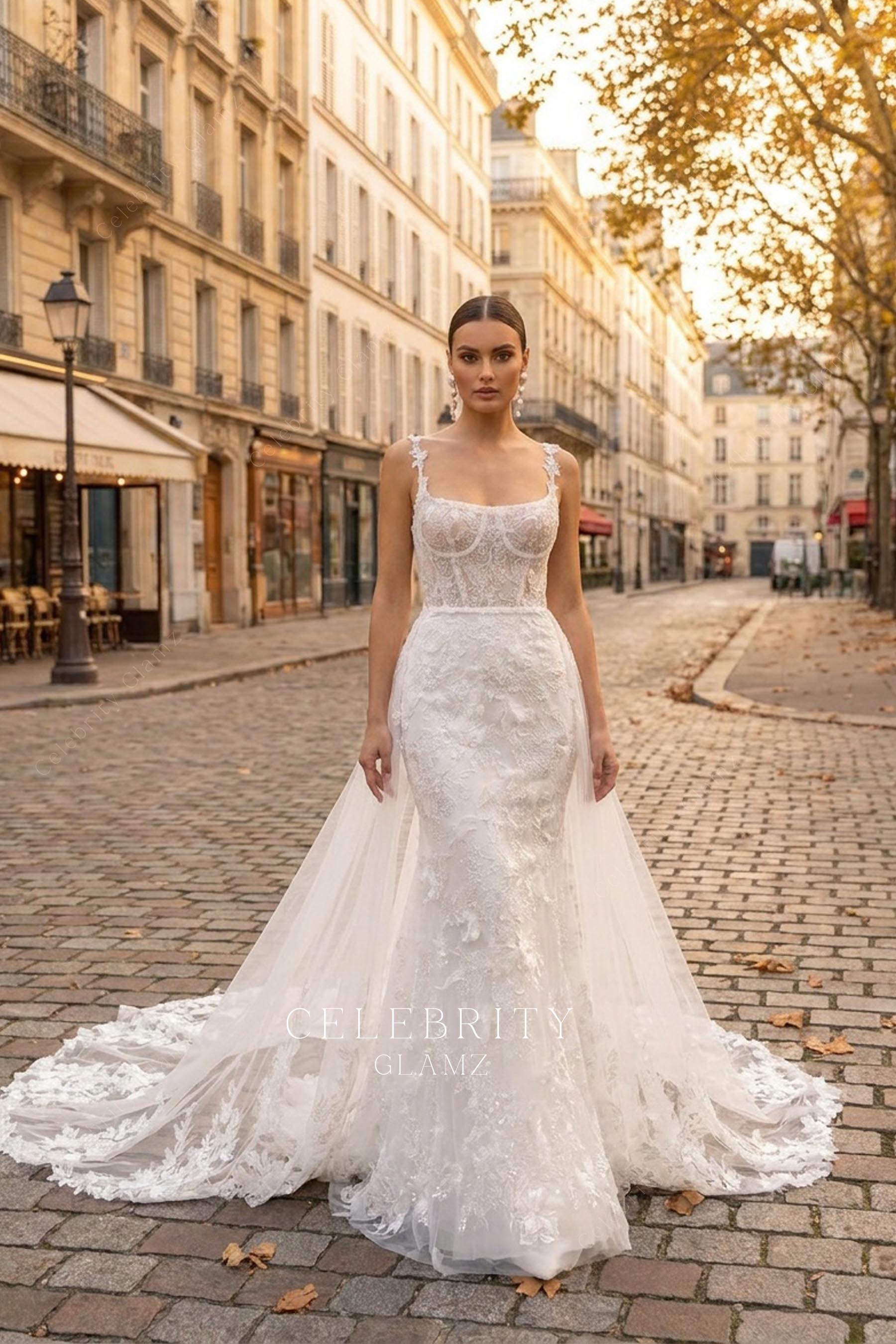 beaded lace straps wedding dress