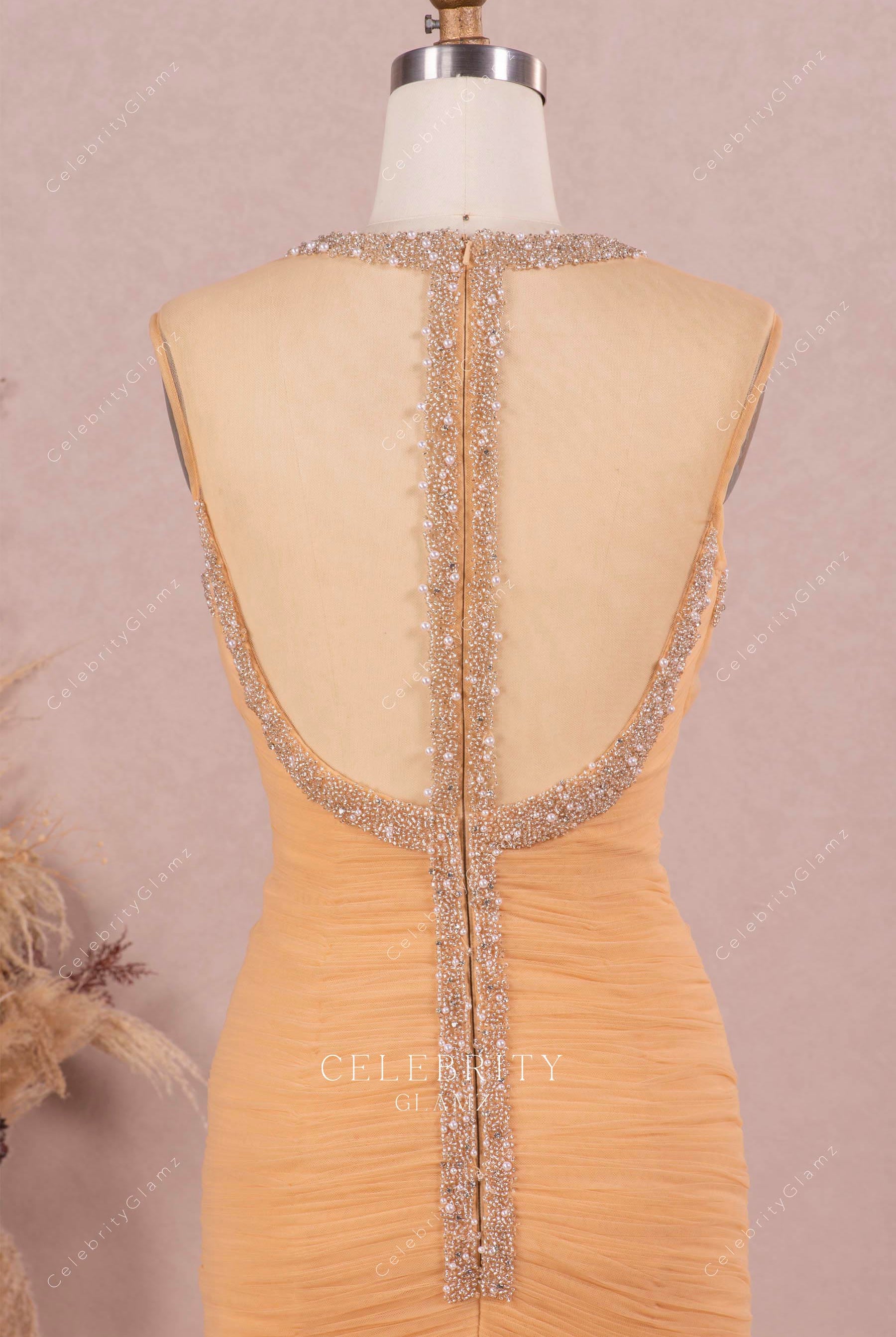beaded pearls sheer back wedding gown